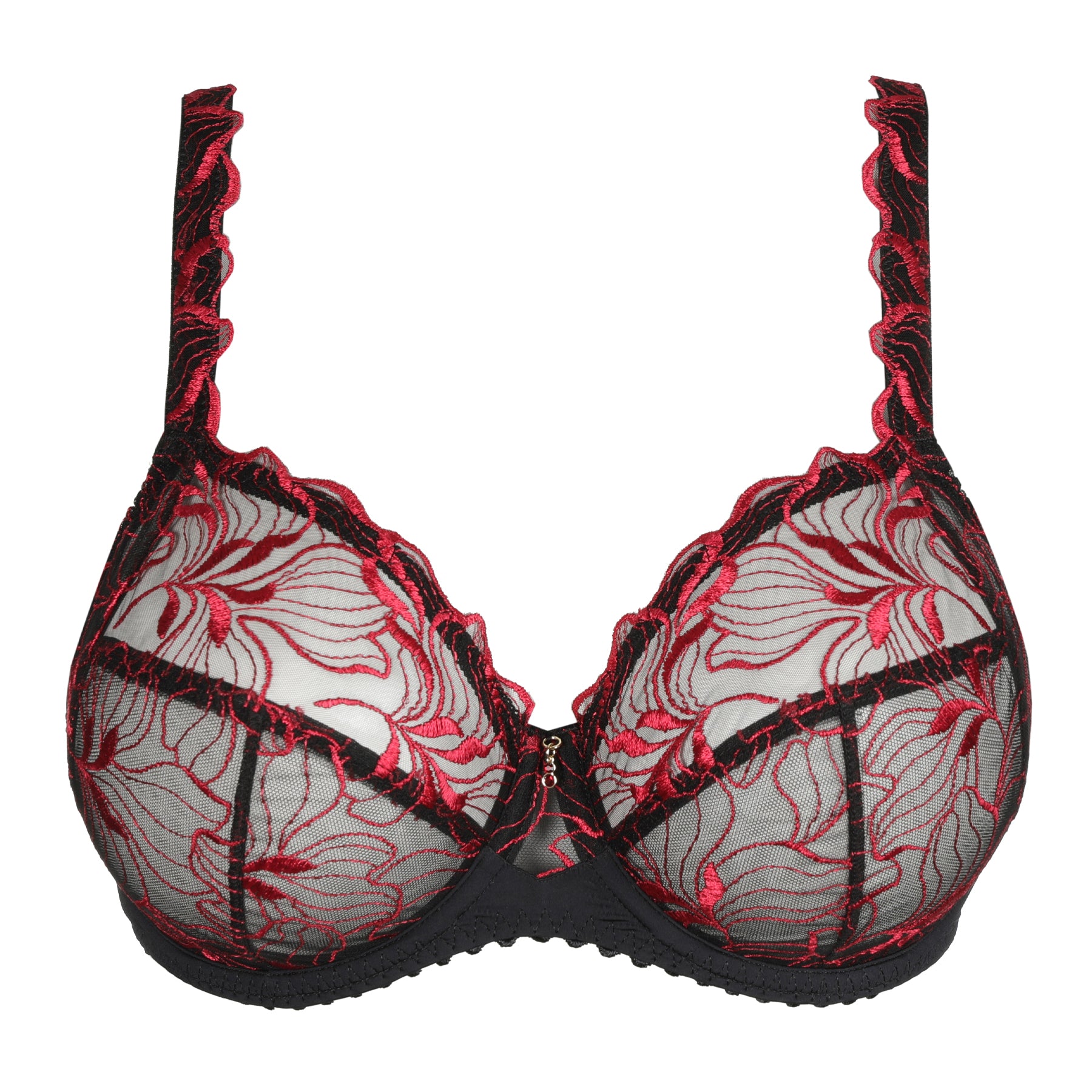 Black and red lace full-cup bra displayed flat, showcasing sheer floral embroidery and scalloped edges.