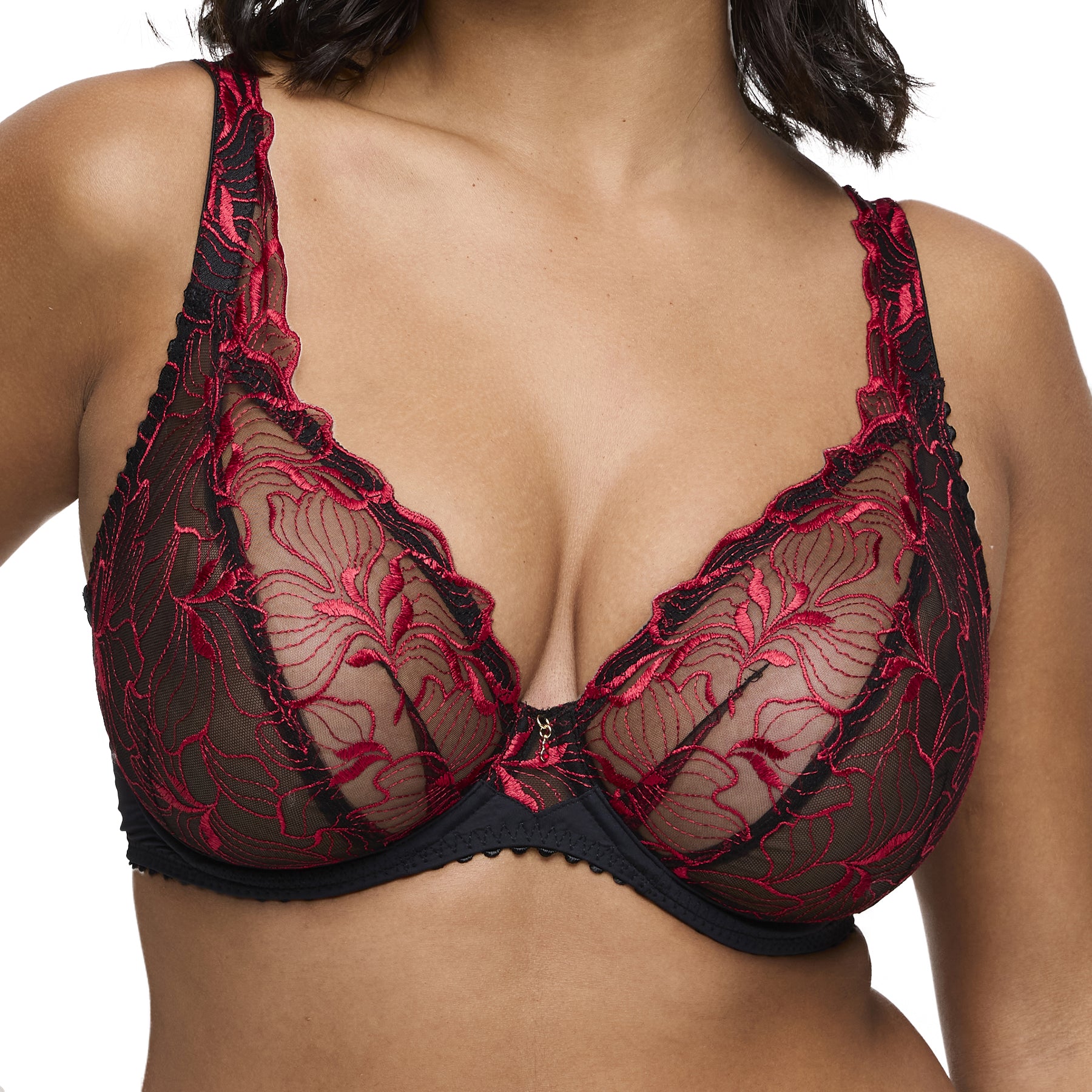 Detailed view of black and red embroidered lace plunge bra with sheer mesh and scalloped edging.