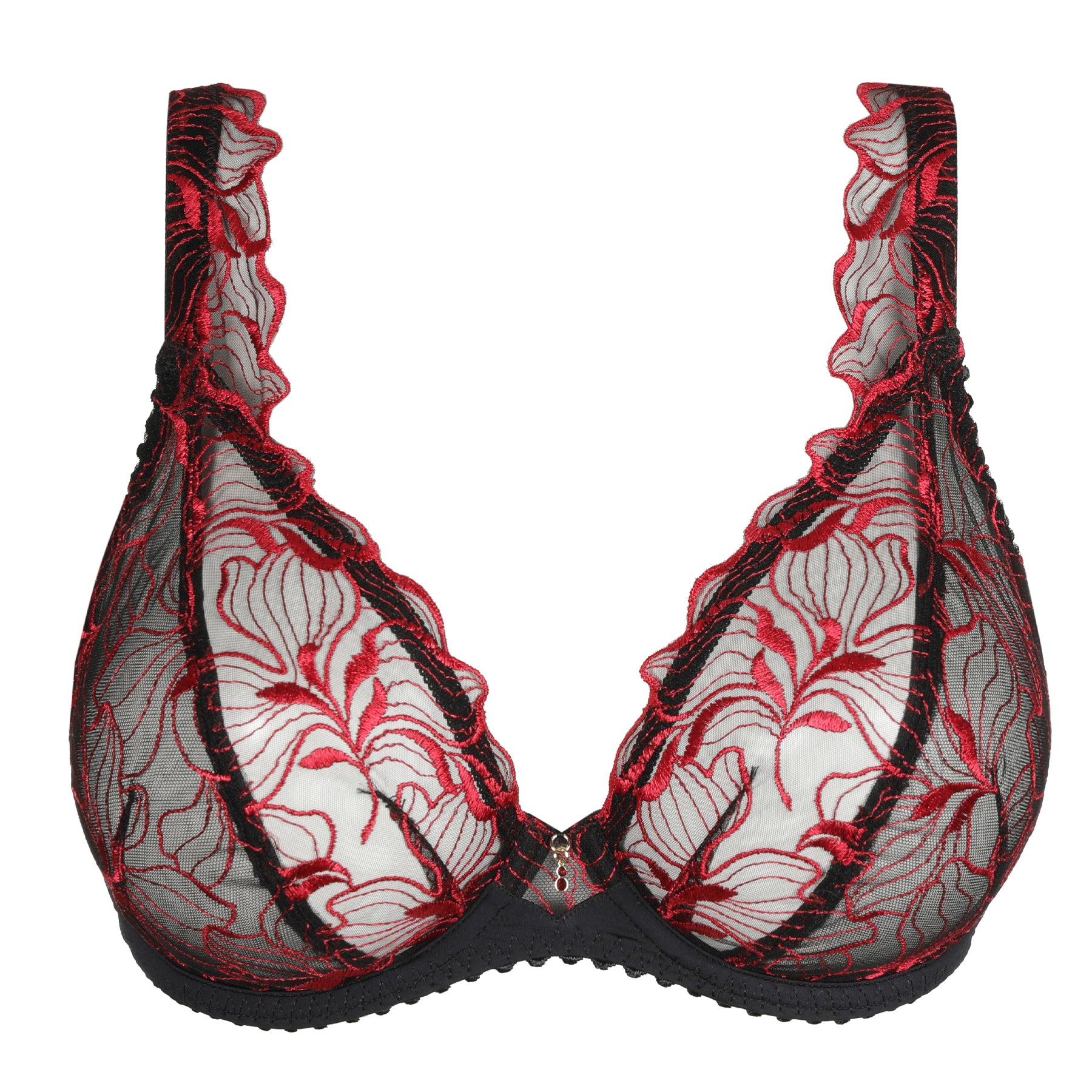 Black and red floral lace plunge bra displayed flat to show sheer cups and scalloped straps.