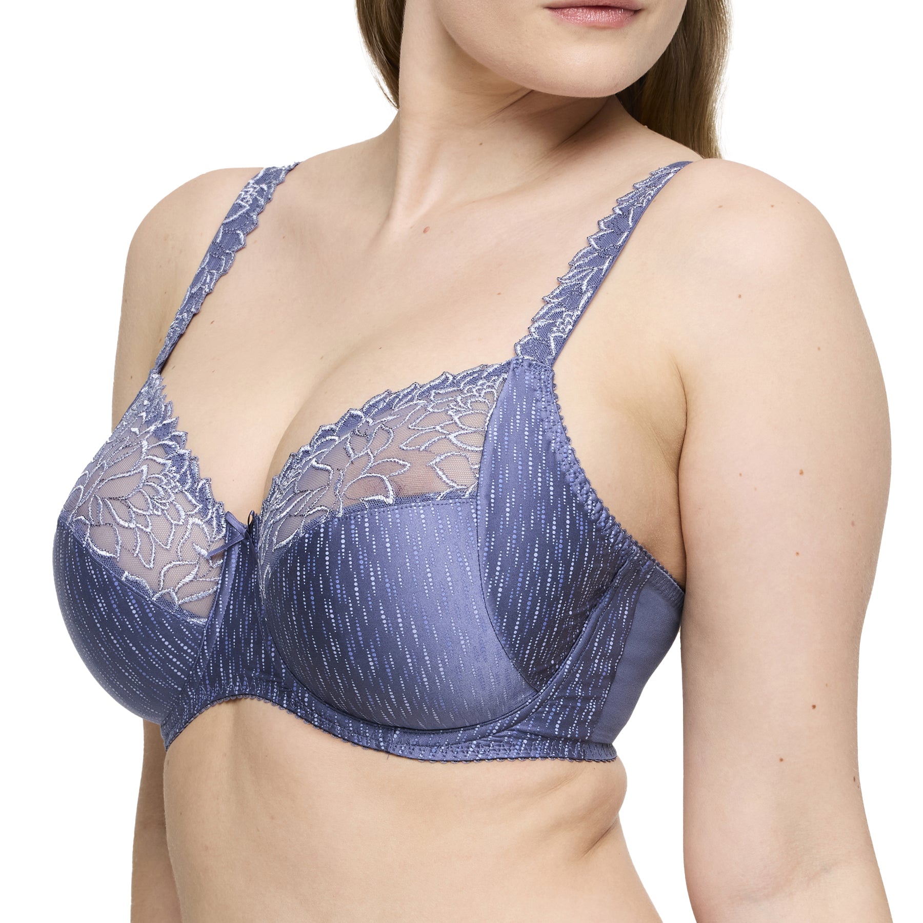 Close-up side view of full cup bra in nightshadow blue with embroidered lace and vertical pinstripe detail.