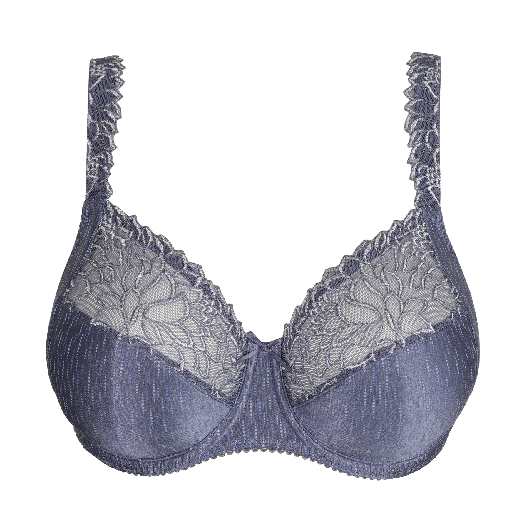 Flat lay of nightshadow blue full cup bra featuring floral embroidery and scalloped straps.