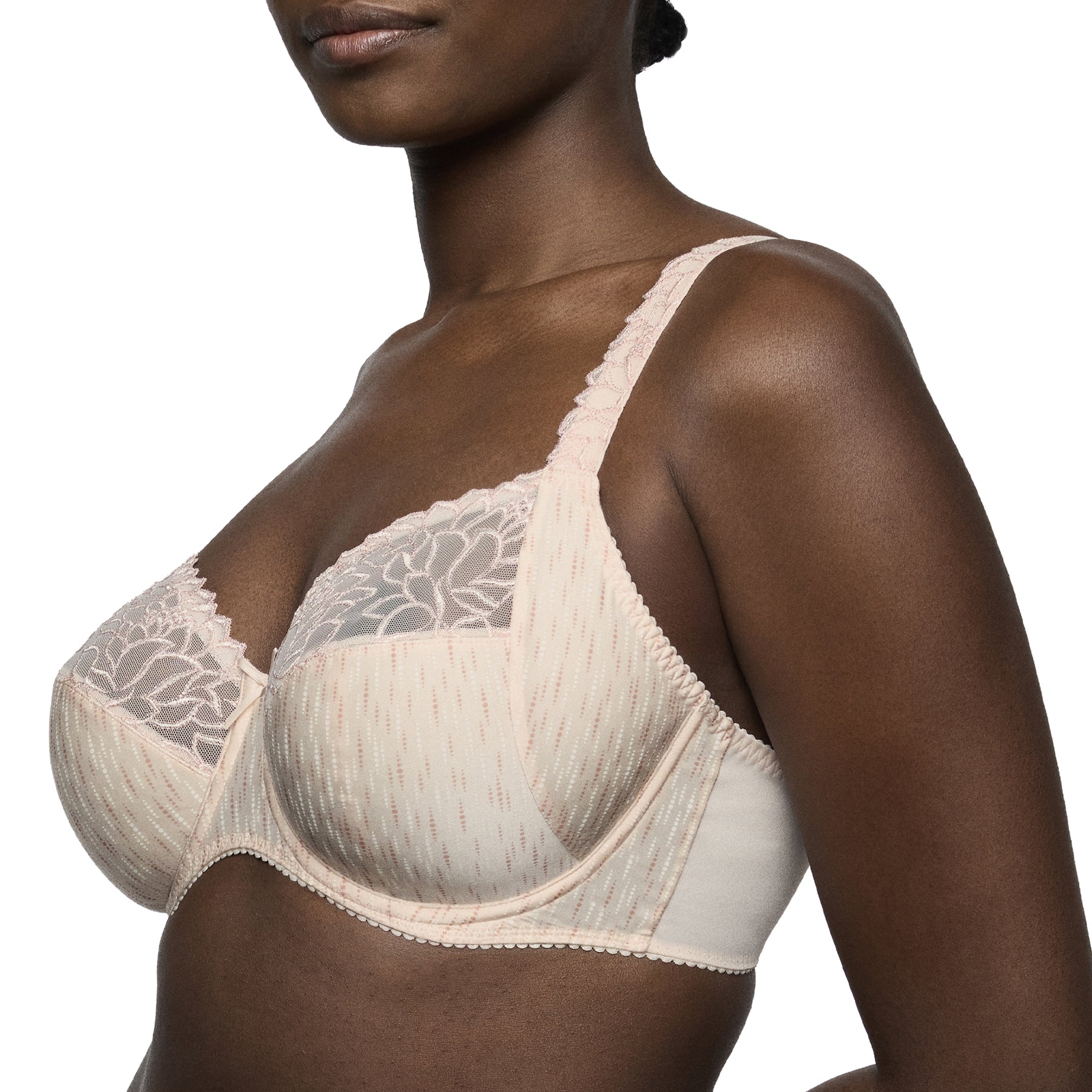 Side close-up of the PrimaDonna Monterrey full cup bra in Venus highlighting supportive three-piece cups, smooth side wings, floral lace detailing, and comfortable full-bust support.