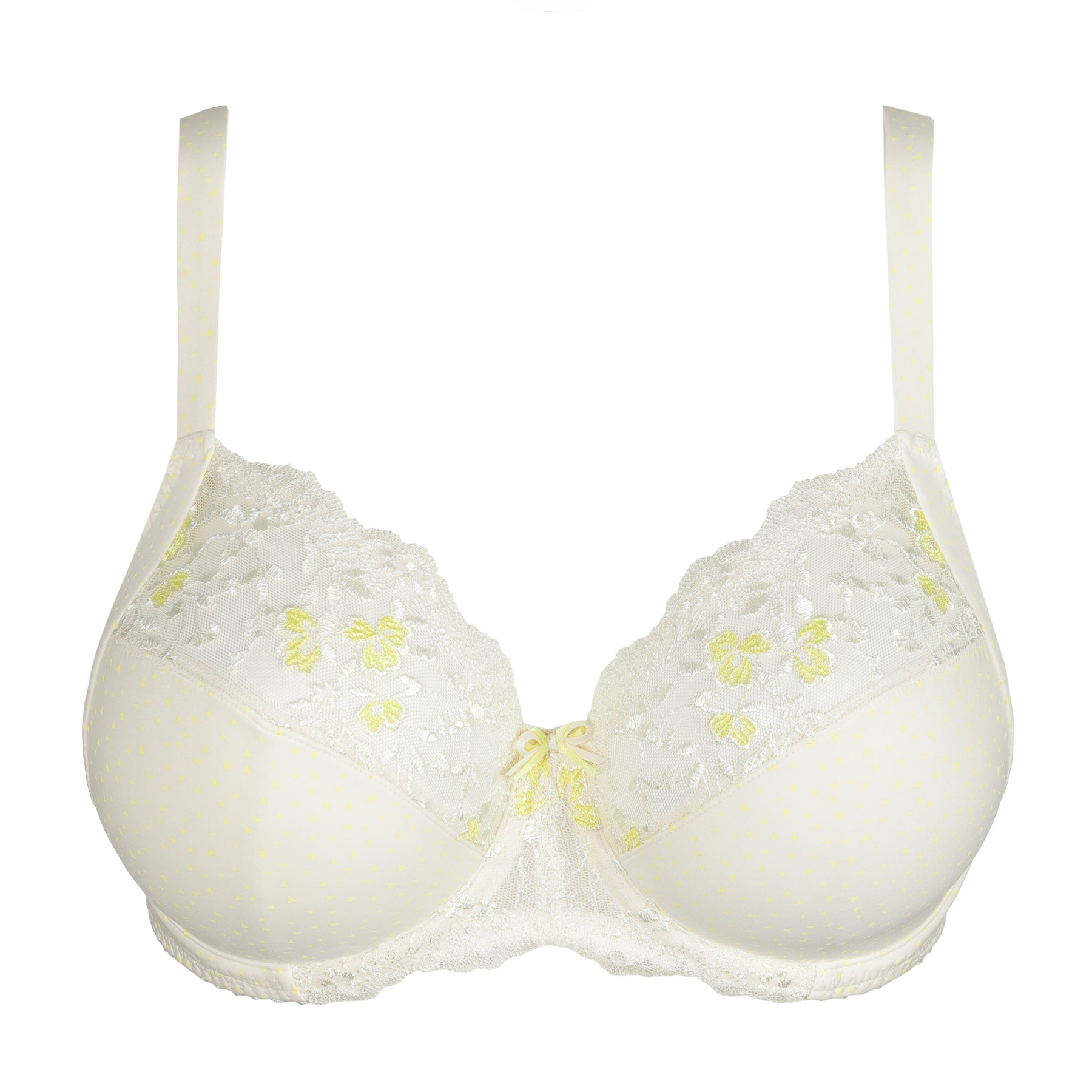 Front flat lay of a cream full-cup bra featuring delicate floral embroidery and subtle yellow polka dot pattern.