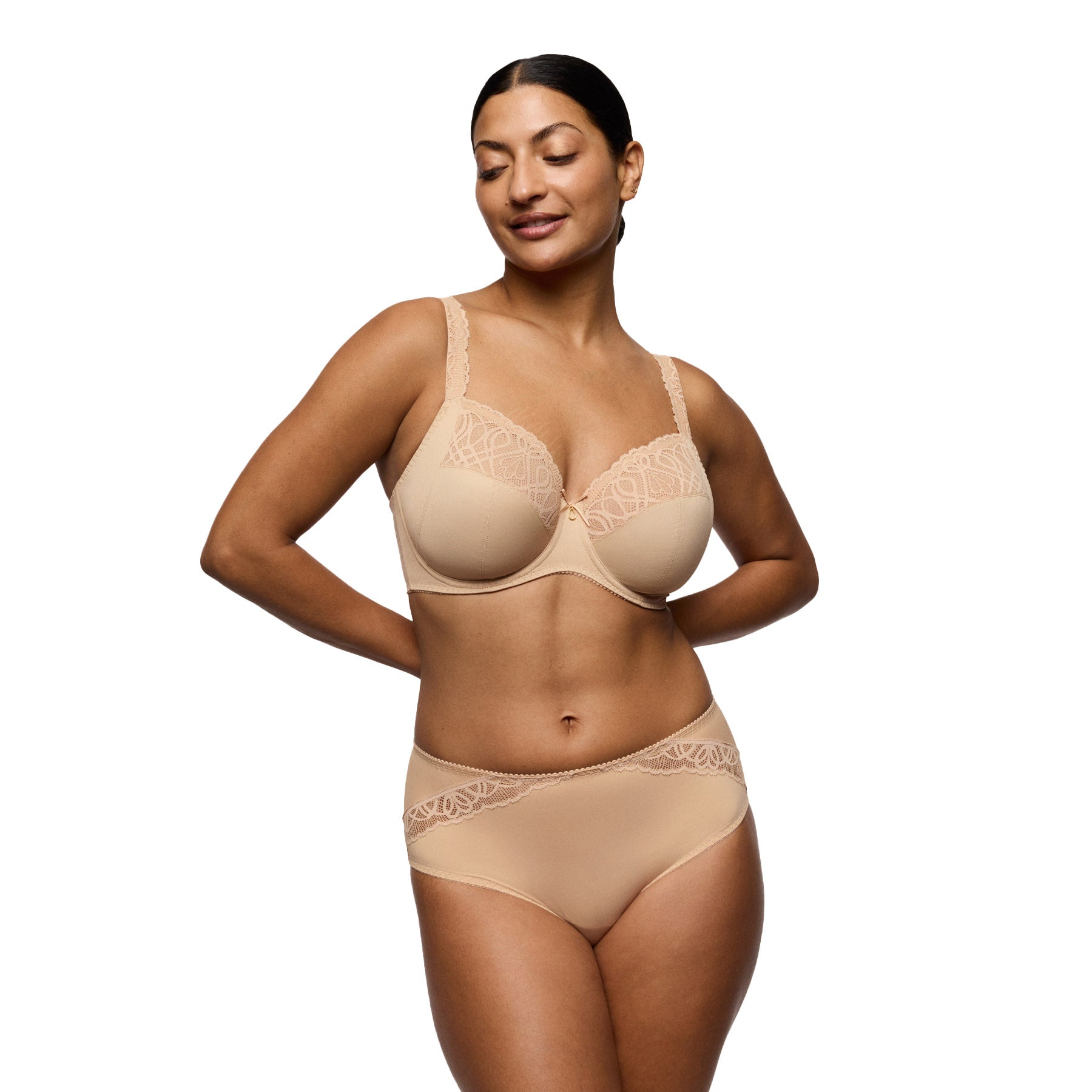 Full bust nude lace bra and matching briefs set on model, supportive underwire bra with delicate lace upper cups