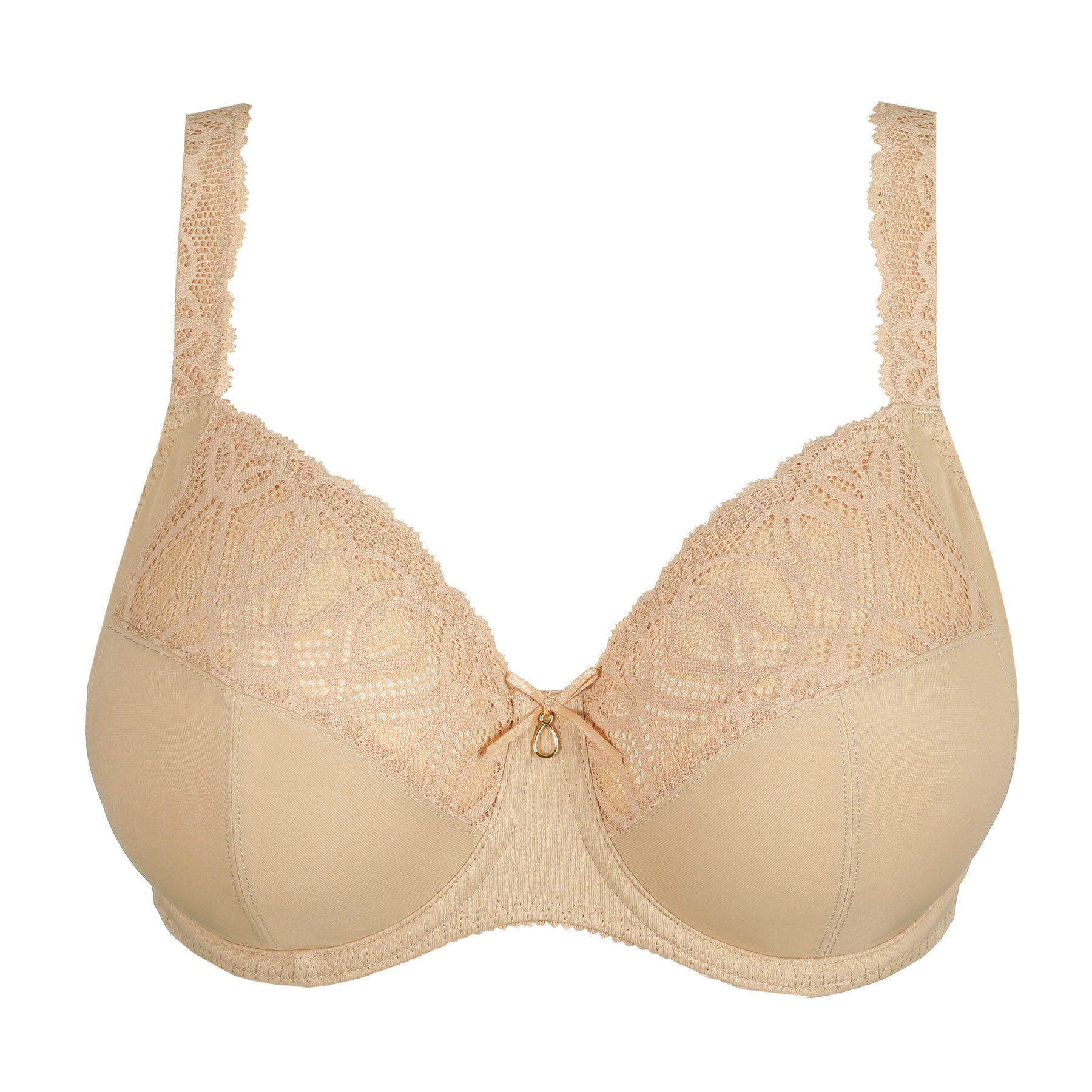Nude full cup underwire bra with lace upper cups and smooth lower cups, supportive design for fuller bust