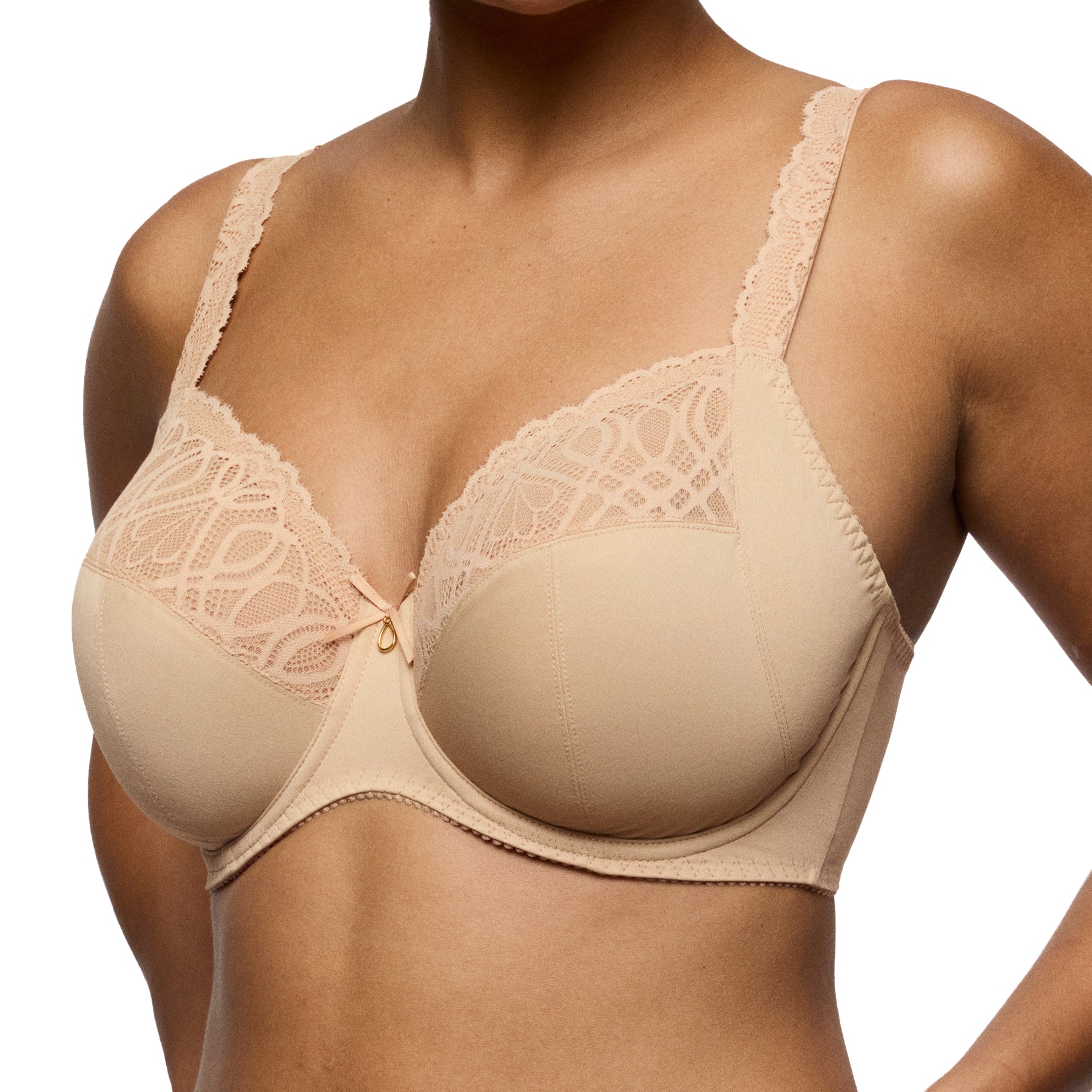 Detailed view of nude full bust bra with intricate lace overlay and smooth molded lower cups