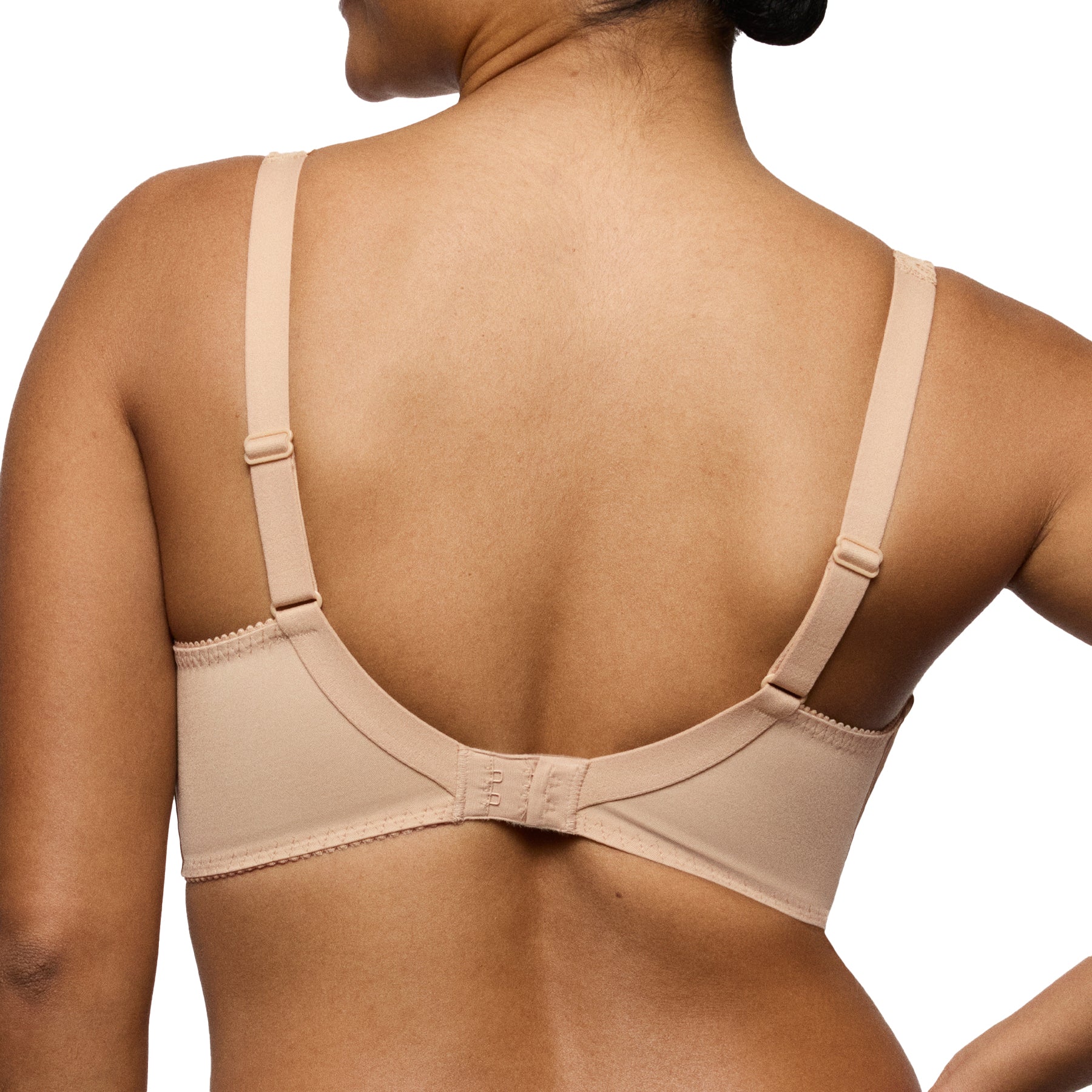 Back view of nude supportive bra with adjustable straps and hook-and-eye closure for full bust support