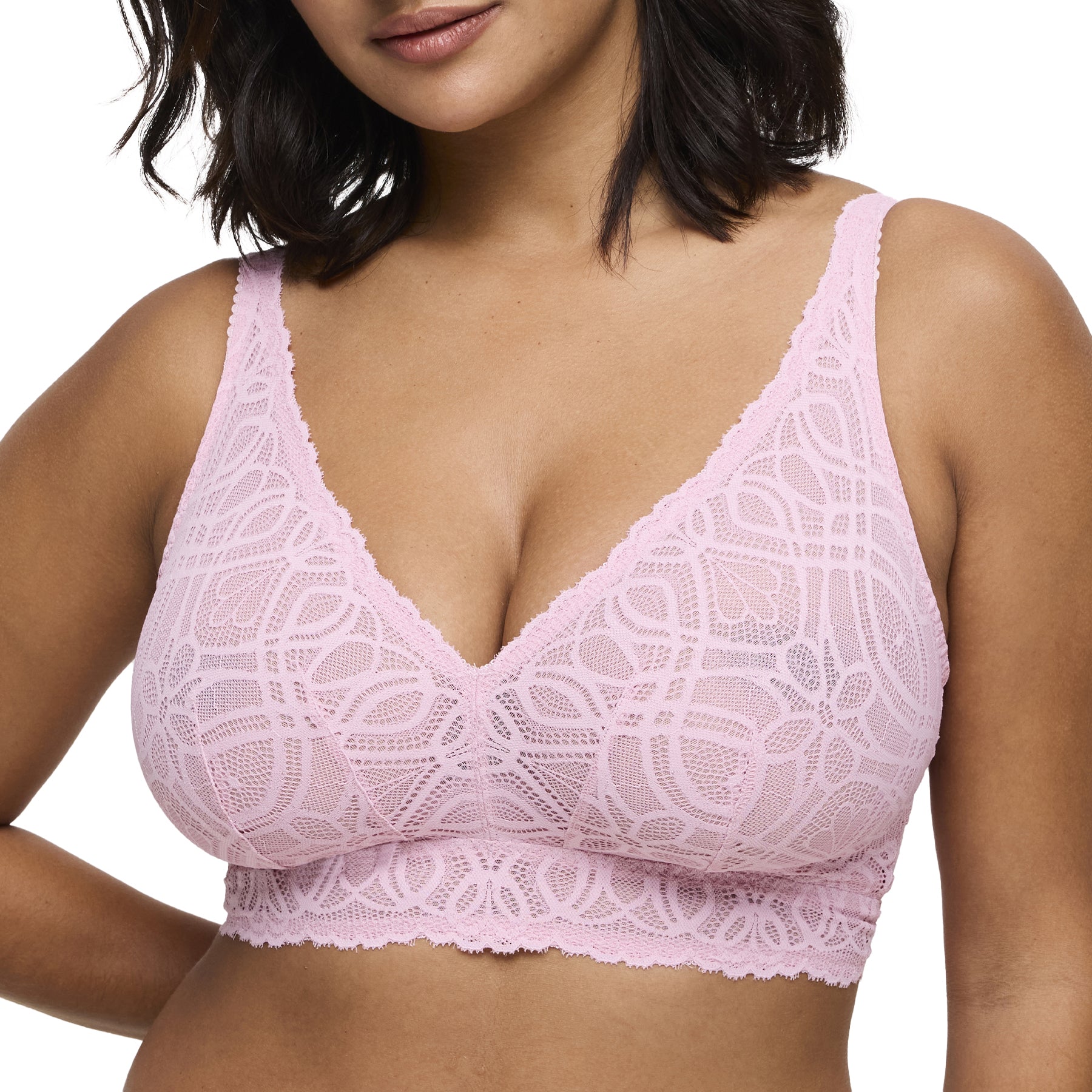 Detailed view of wireless pink lace bralette showing soft cups and scalloped underband.