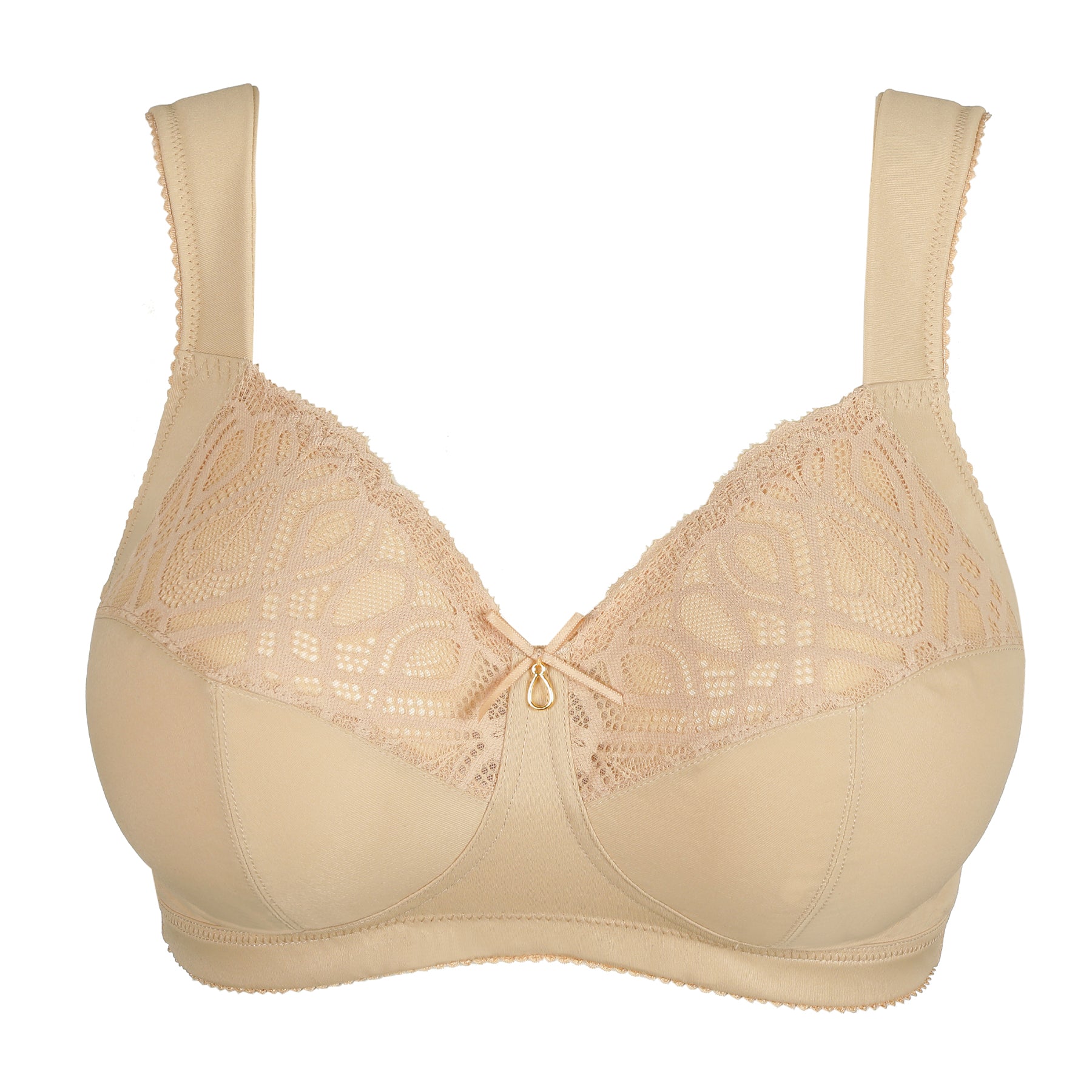 Nude full cup bra with lace upper cups and smooth lower panels, supportive underwire design