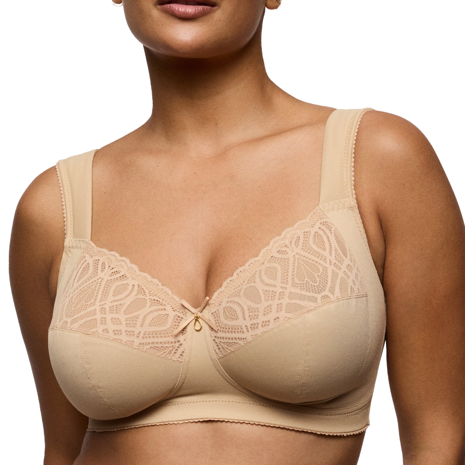 Close-up of nude full cup bra on model with lace detailing and wide supportive straps