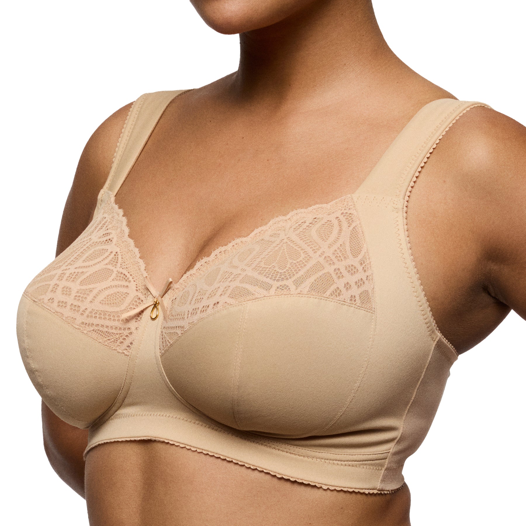 Nude underwire bra on model with elegant lace cups and smooth fabric for a natural shape