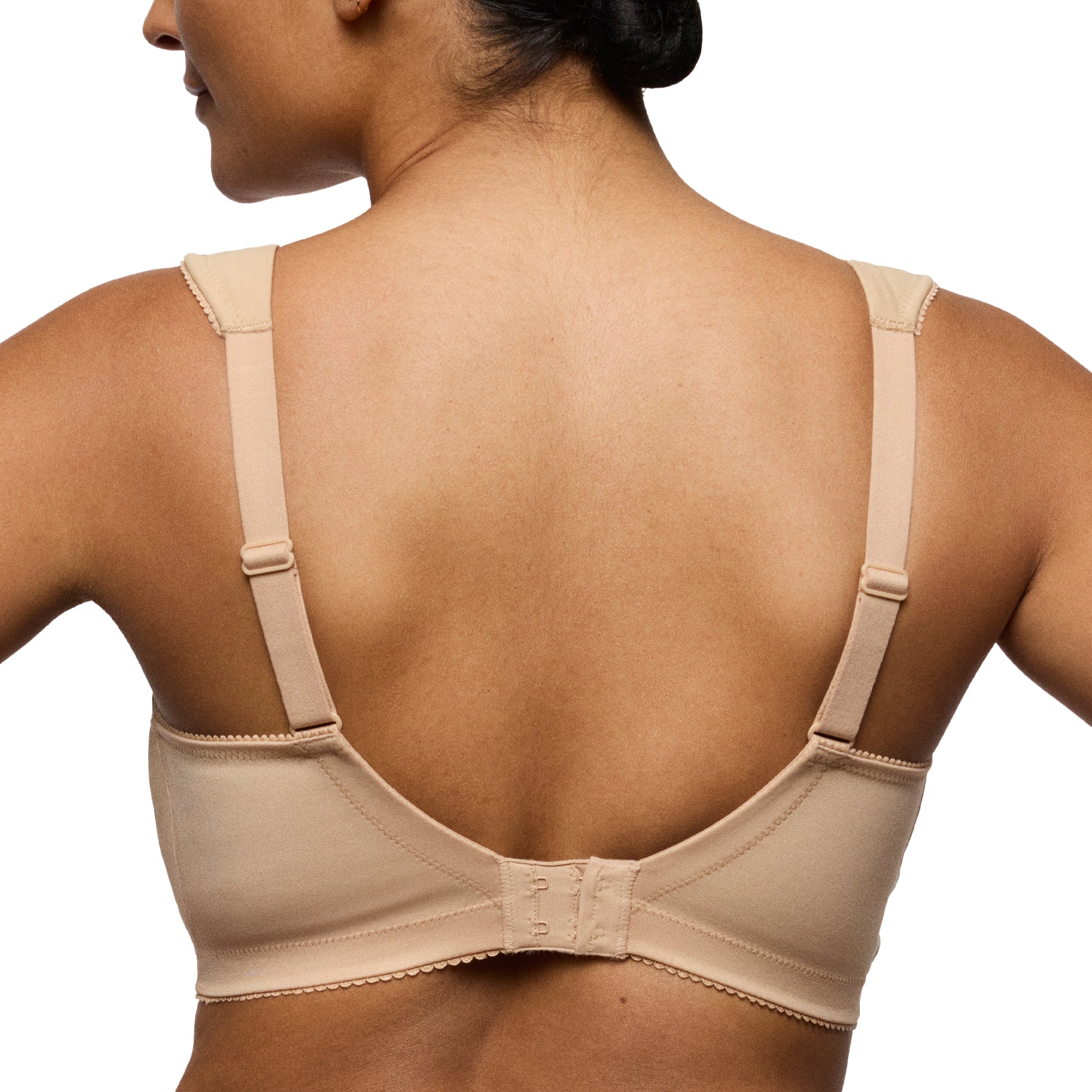 Back view of nude bra with adjustable straps and hook-and-eye closure for a secure fit