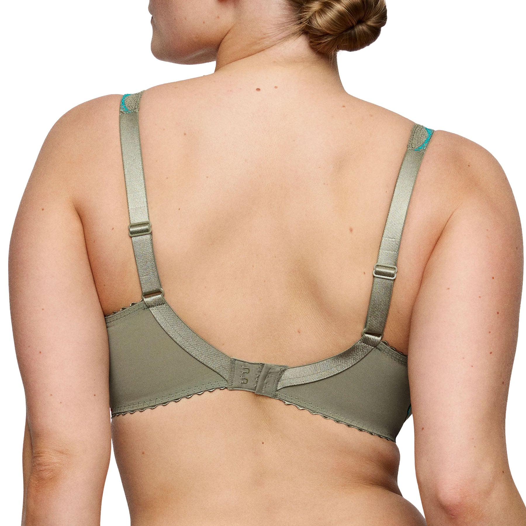 PrimaDonna Cala Luna full cup underwire bra in Botanique, back view with adjustable embroidered straps, supportive U-shaped back, and smooth hook-and-eye closure.