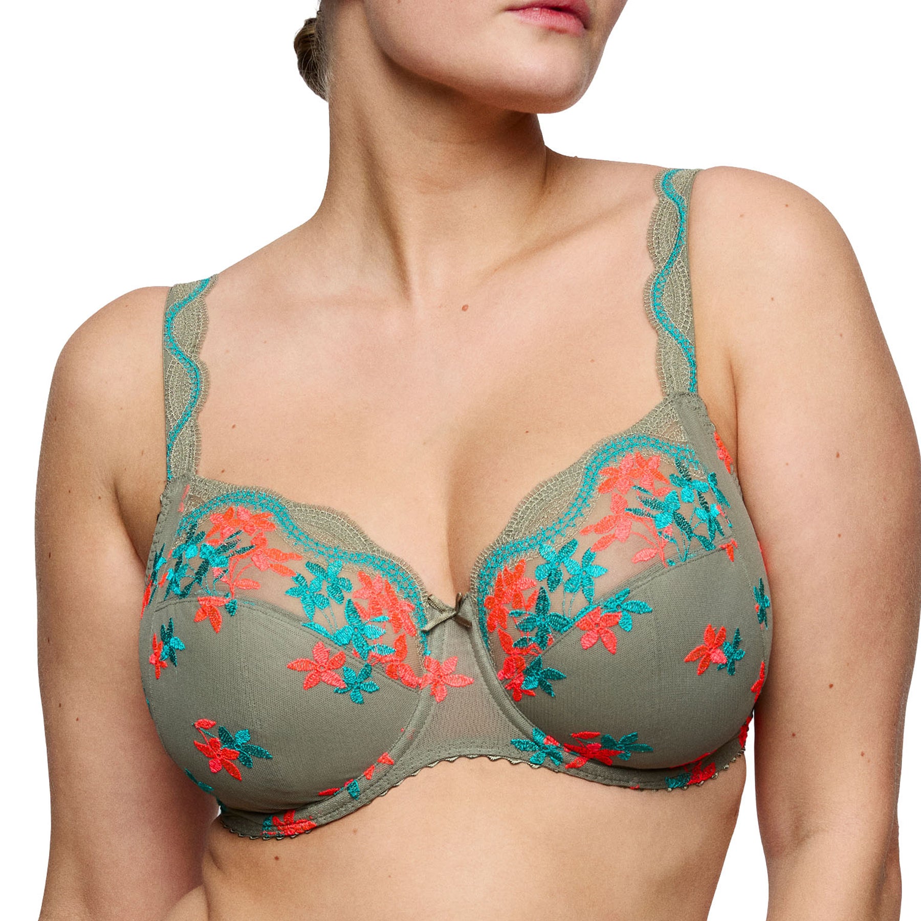 Close-up of PrimaDonna Cala Luna full cup bra in Botanique showcasing sheer embroidered upper cups, vibrant floral details, and supportive full-coverage design.