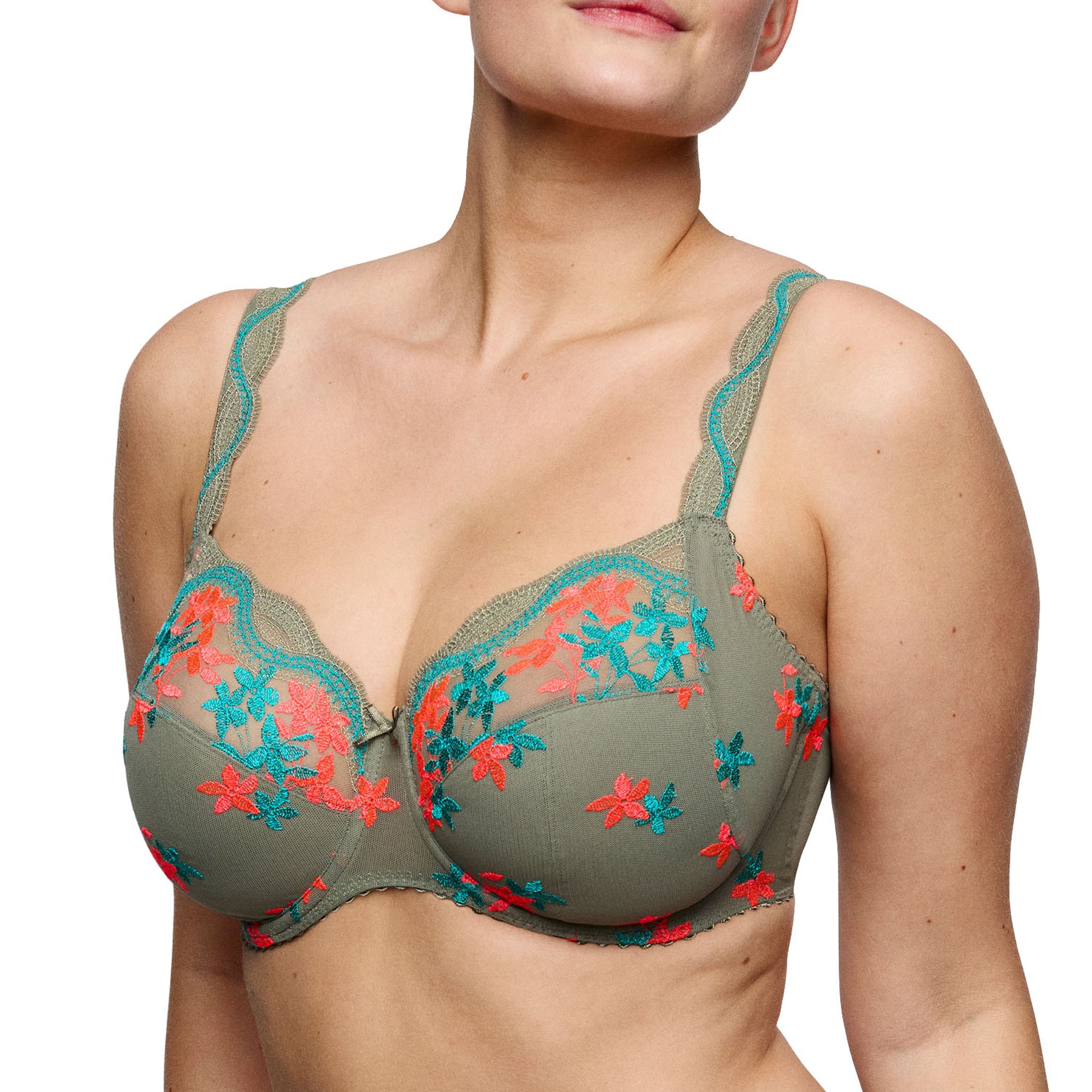PrimaDonna Cala Luna full cup underwire bra in Botanique, angled front view highlighting floral embroidery, elegant neckline, side support, and full coverage for larger cup sizes.