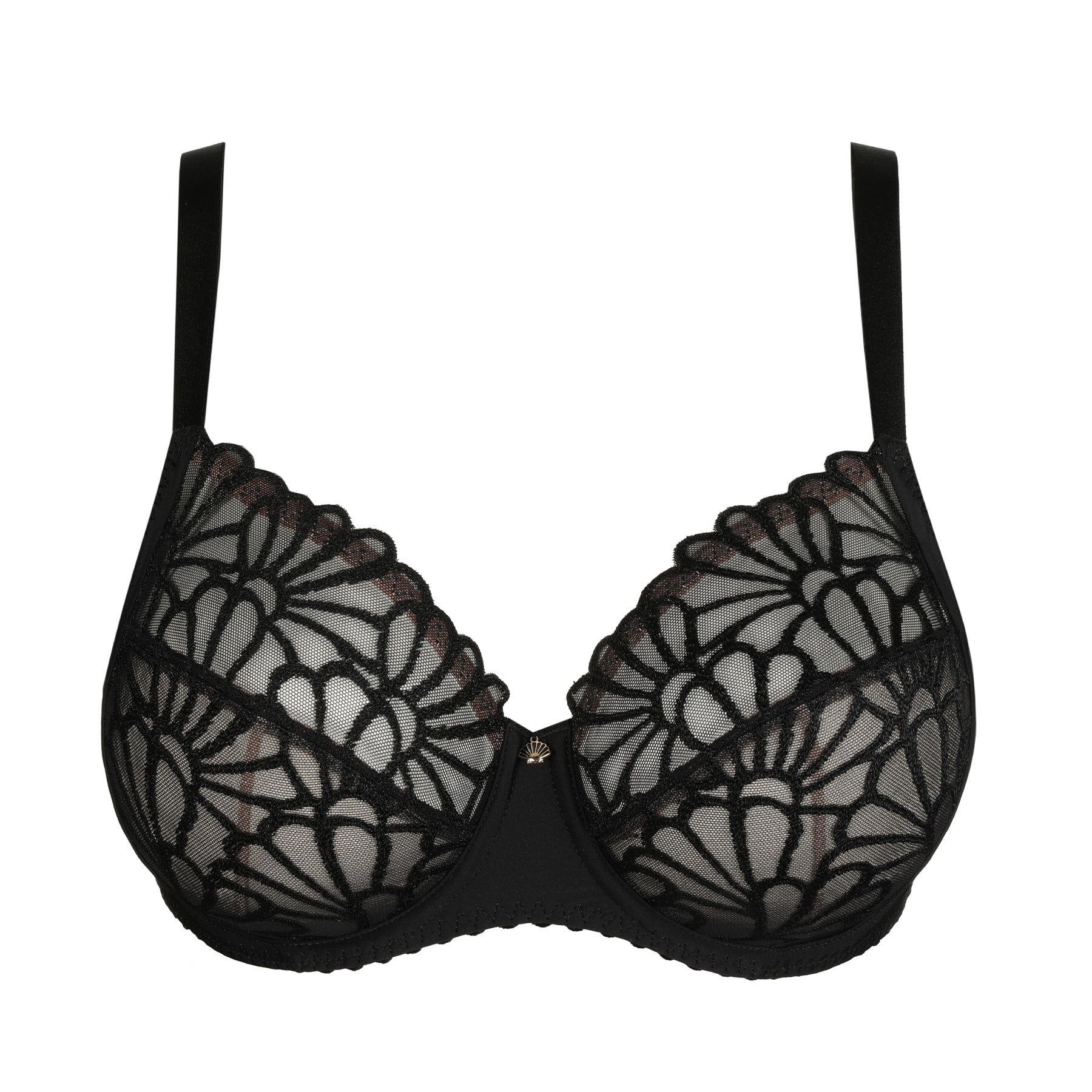 Black bra with intricate floral lace details and sheer structured cups for a sophisticated look.