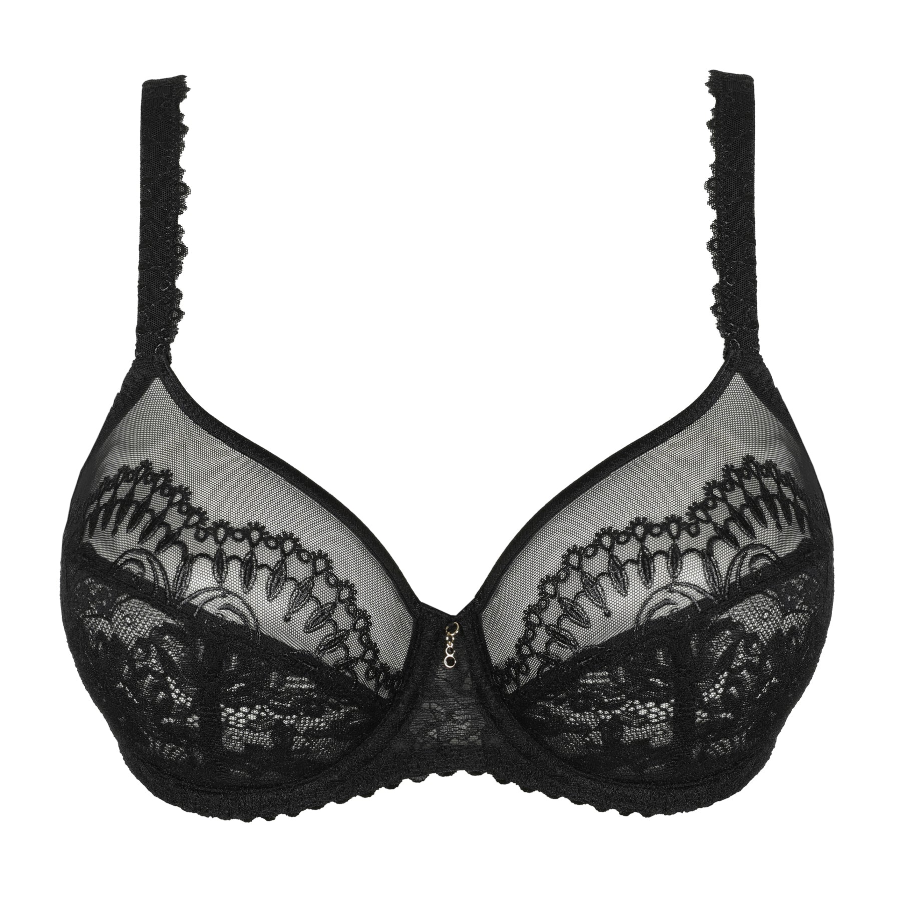 Black lace bra with embroidery and mesh panels, product-only view.
