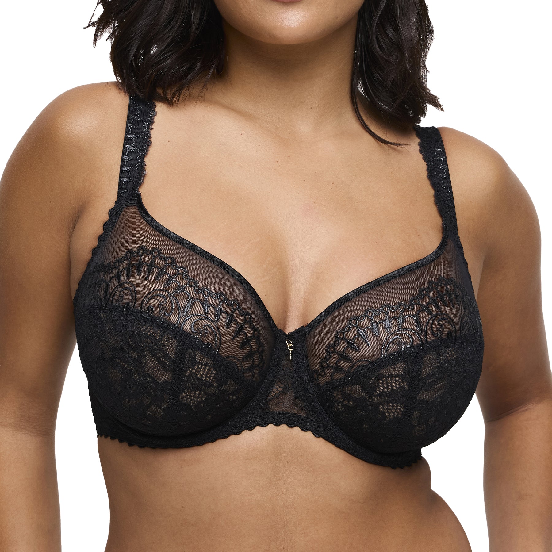 Close-up of model wearing black lace bra with mesh embroidery, front view.