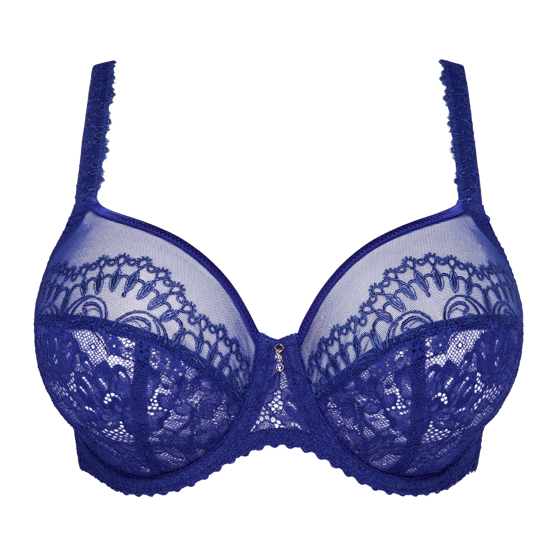 Front view of the Crazy Blue balcony bra with sheer embroidered upper cups, floral lace and a delicate jewel at the centre.