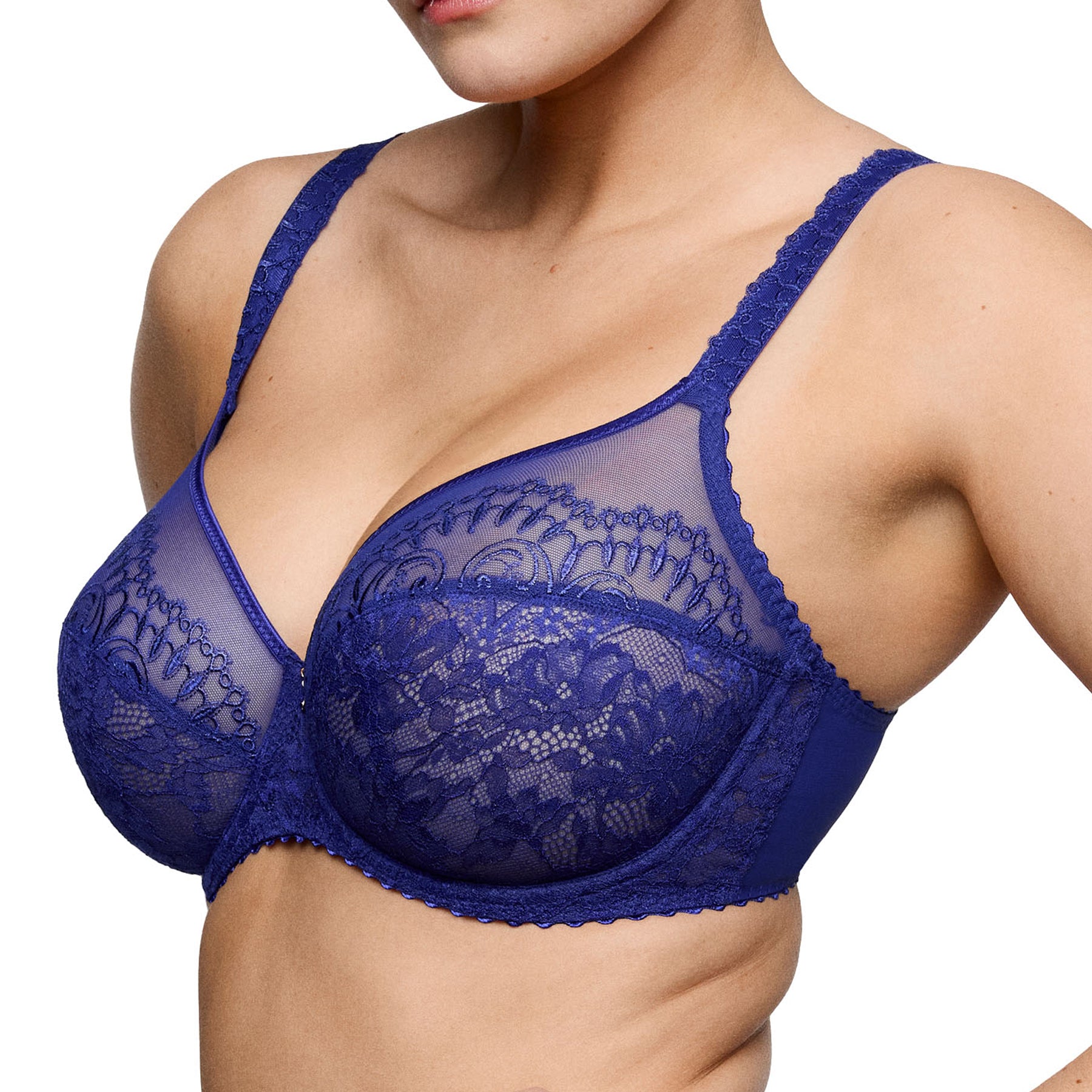 Angled view of the Crazy Blue balcony bra highlighting the floral lace cups, sheer mesh panels and supportive fit.