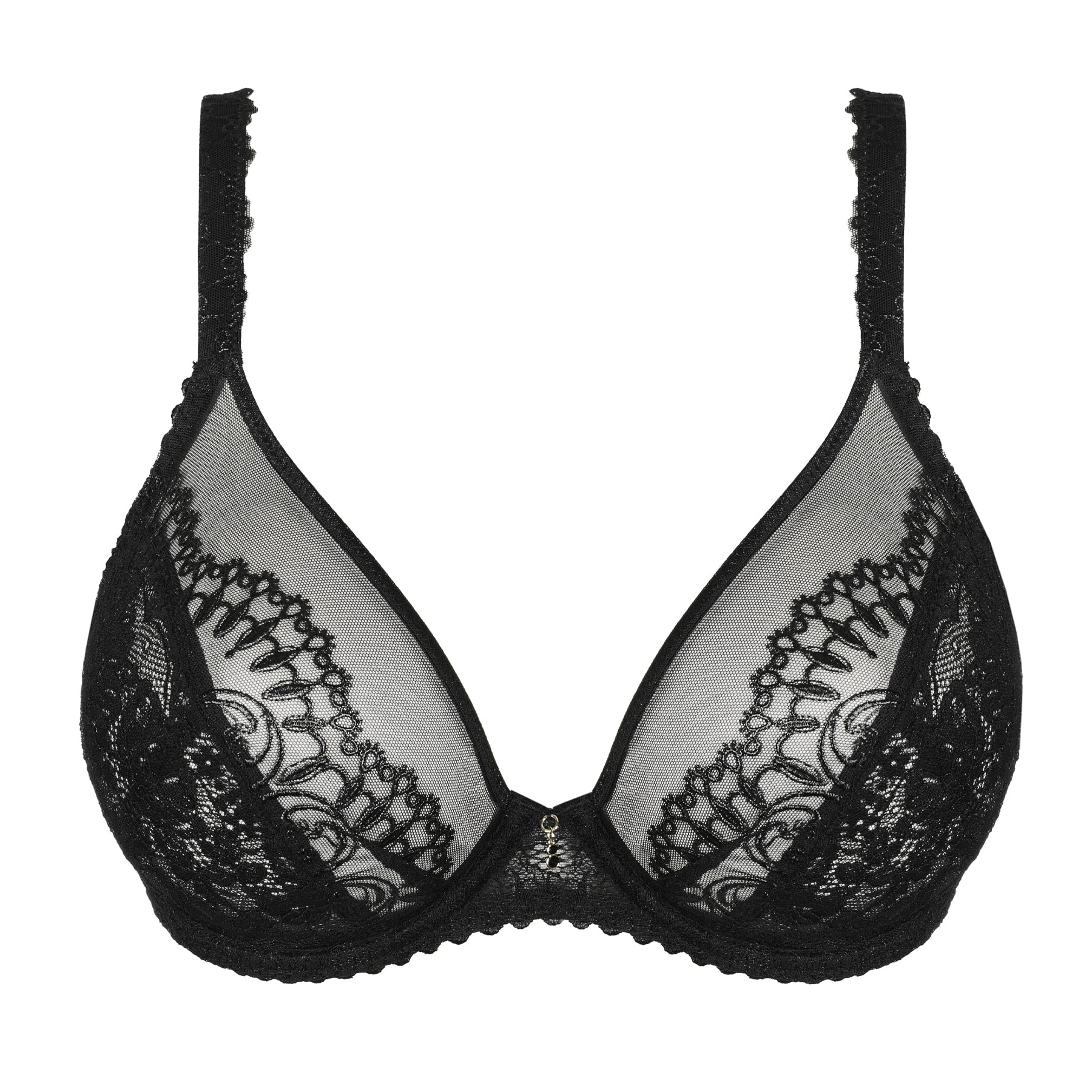 Black sheer lace bra with underwire support, product front view.