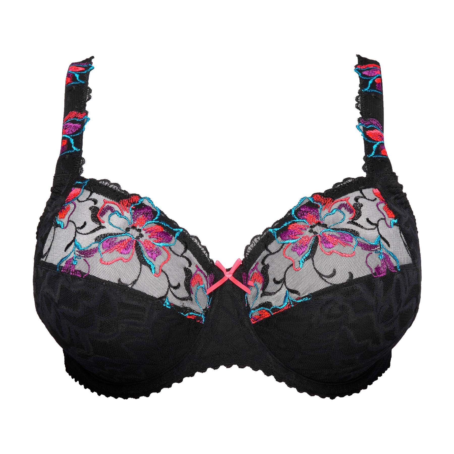 Front view of PrimaDonna Miyara bra in black with vibrant pink, purple and turquoise floral embroidery.