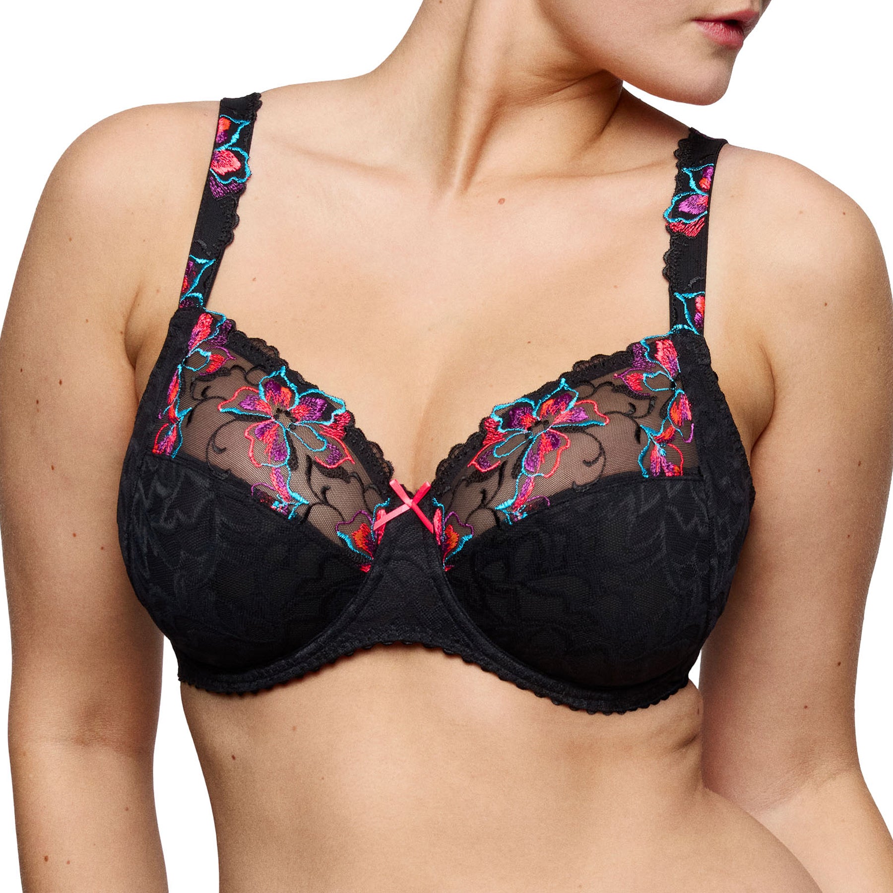 Close-up front view of PrimaDonna Miyara black bra featuring sheer embroidered lace cups and colourful floral details.