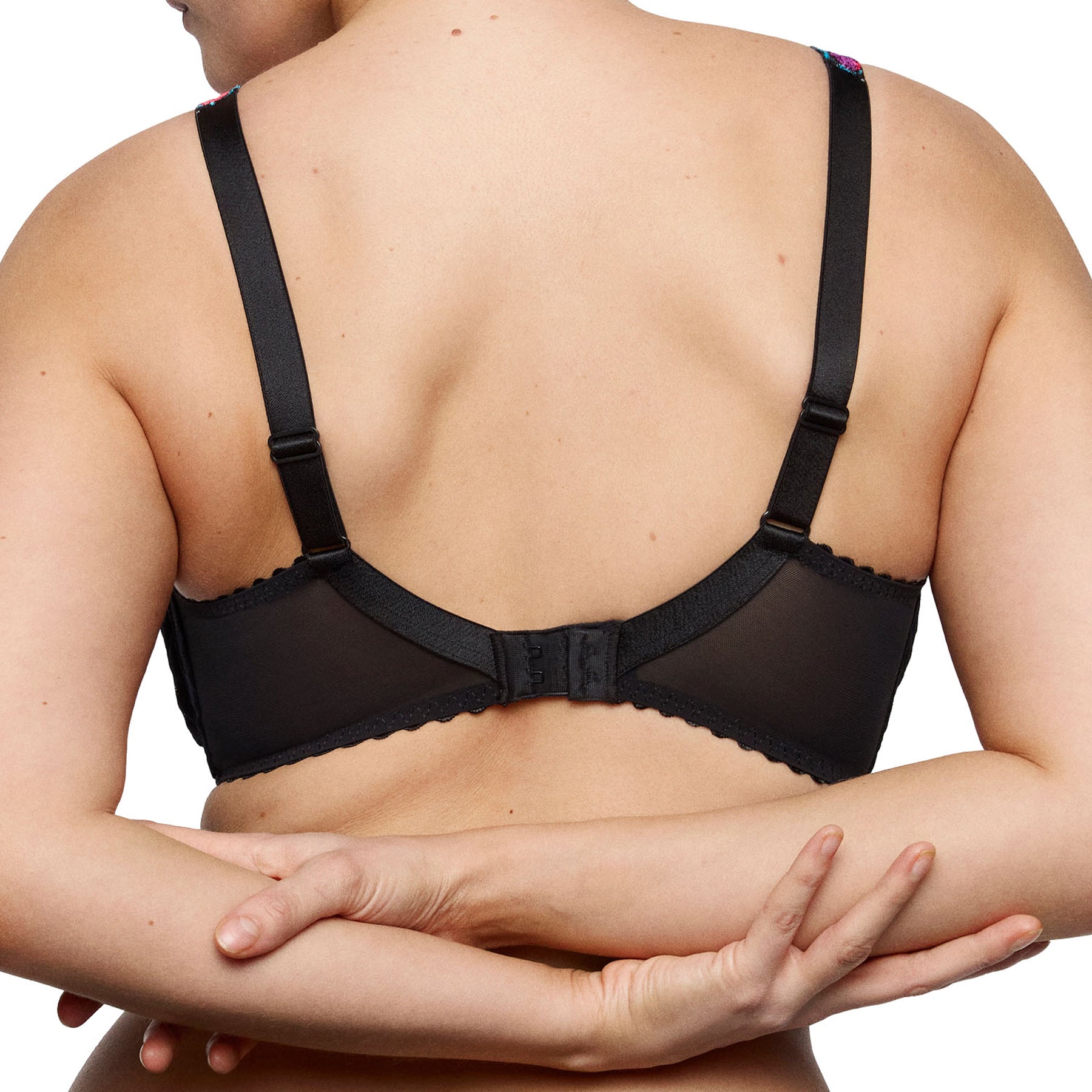 Back view of PrimaDonna Miyara black bra showing adjustable straps, sheer back panels and hook-and-eye closure.