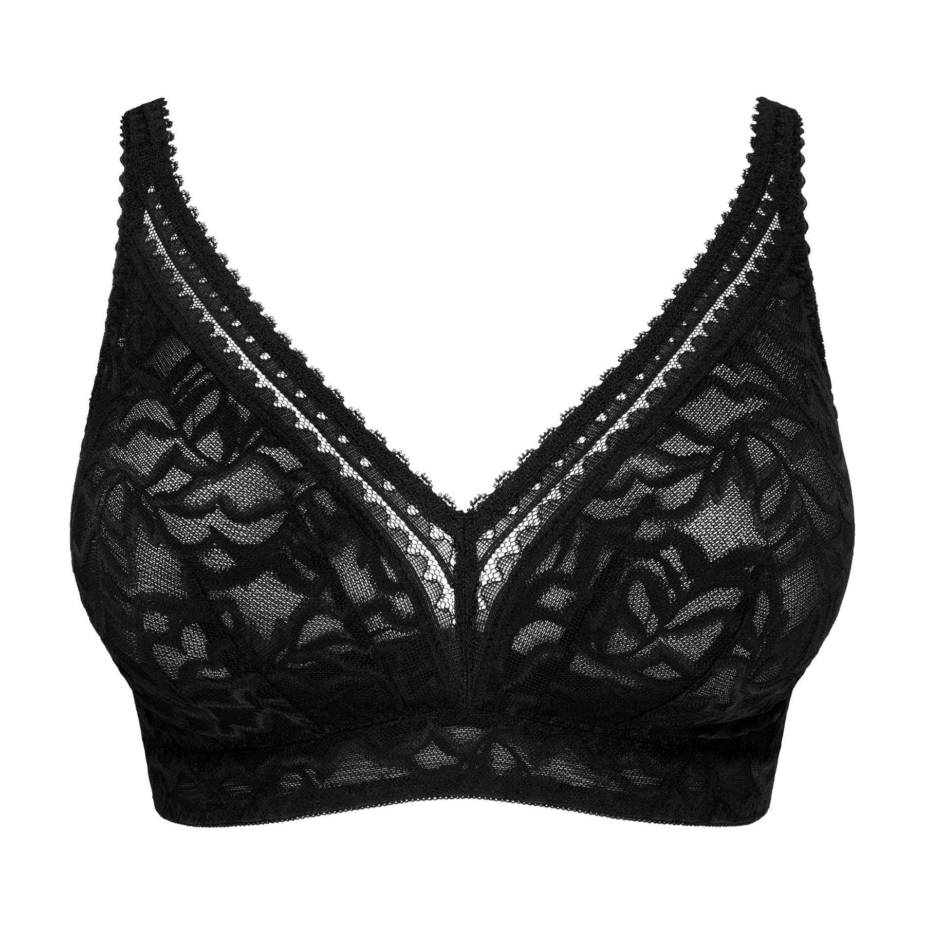 Front product view of PrimaDonna Miyara wireless bra in black with sheer floral lace and a wide underband.