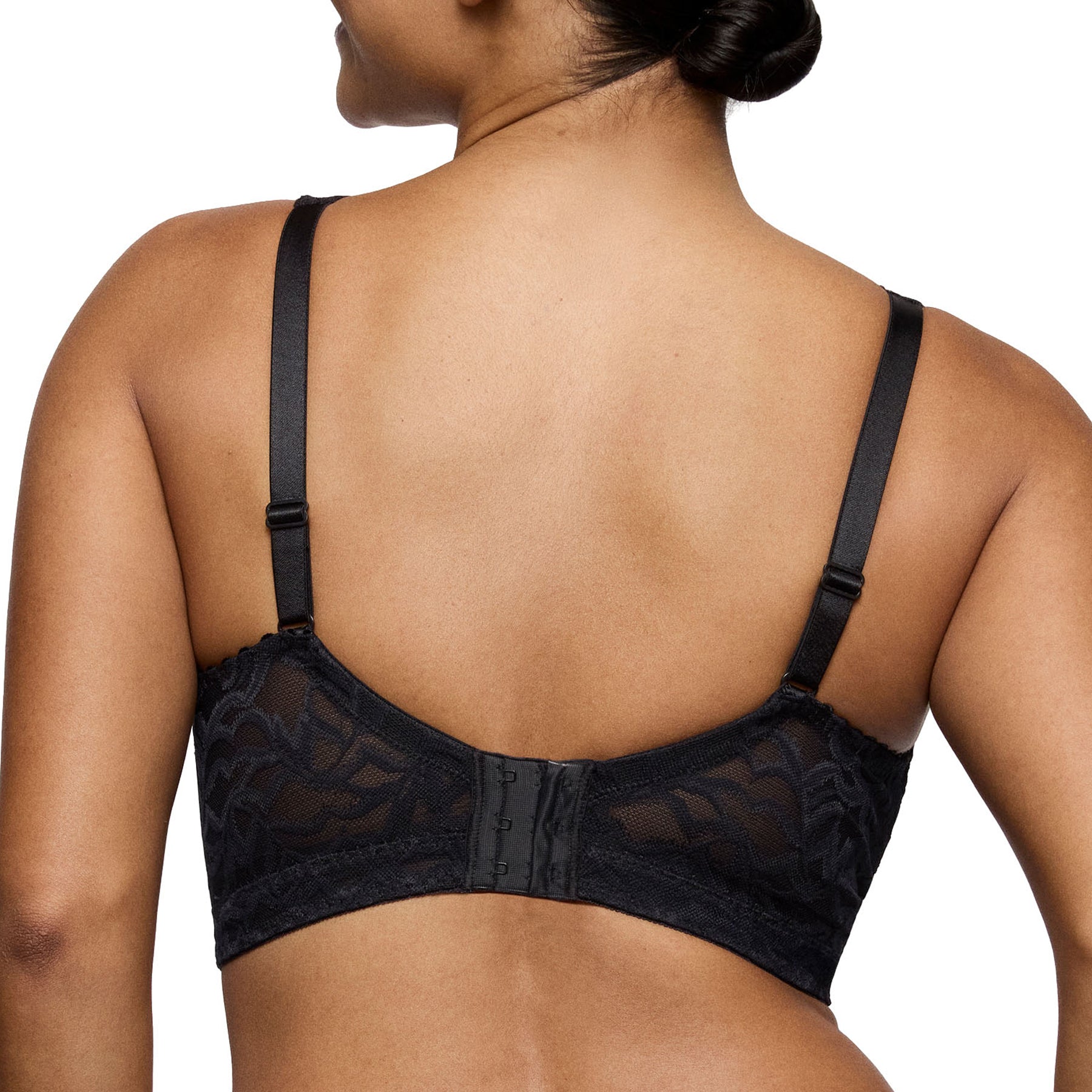 Back view of PrimaDonna Miyara wireless black lace bra with adjustable straps and hook-and-eye closure.