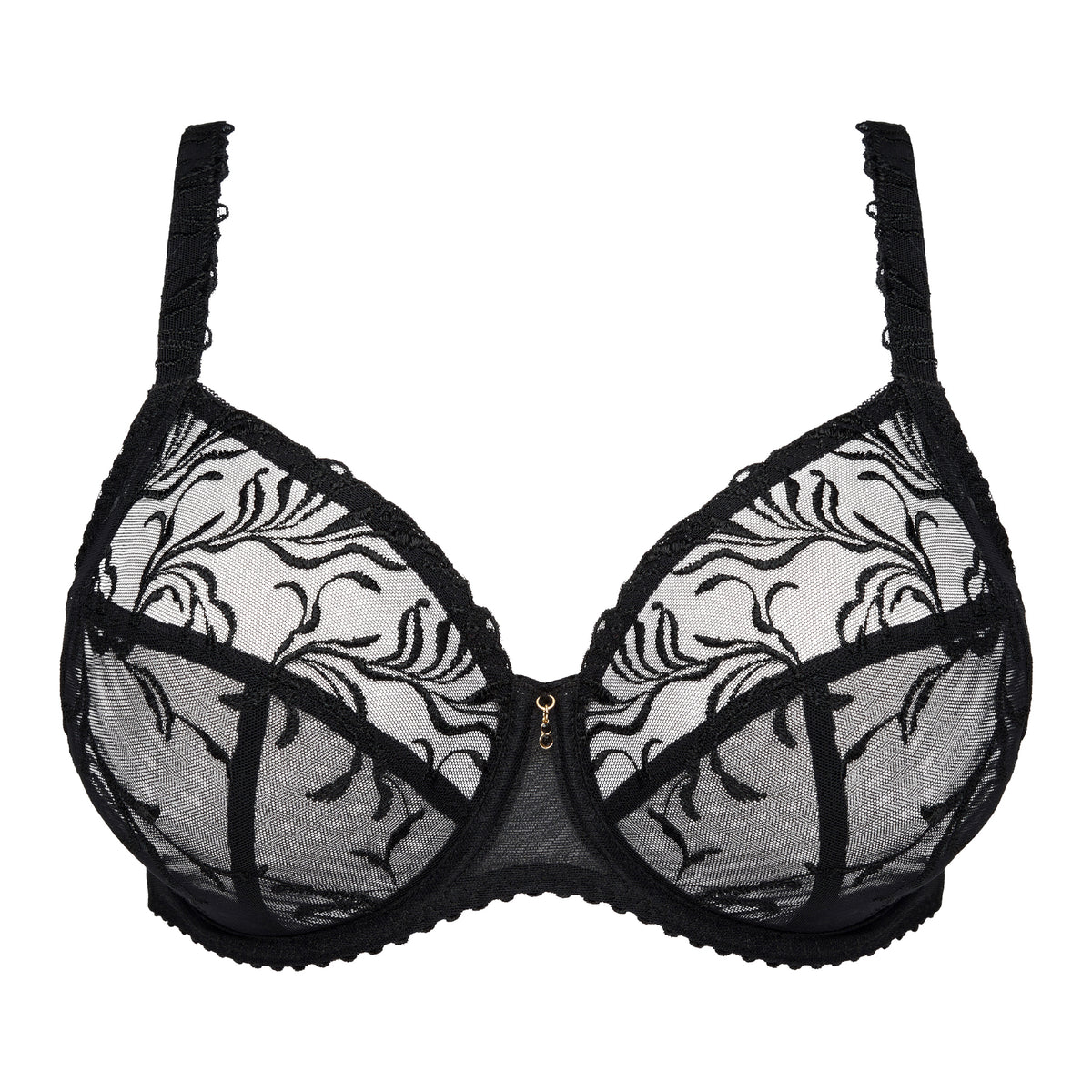Front view of PrimaDonna Solisse Full Cup Bra in black with sheer floral embroidery and underwire cups.