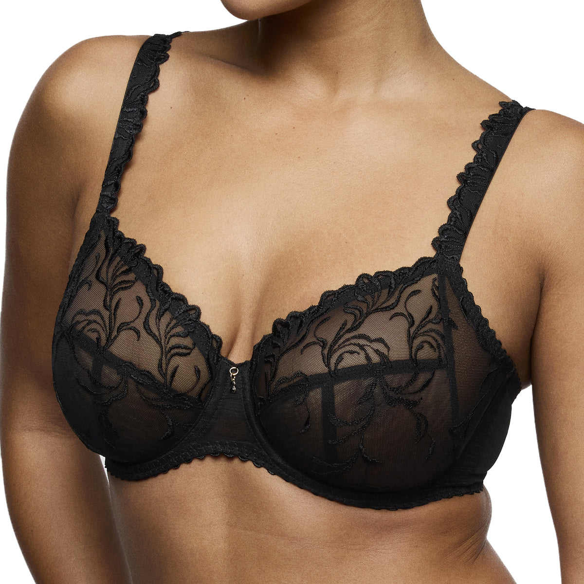 Close-up of PrimaDonna Solisse Full Cup Bra in black with sheer embroidered cups and delicate floral detailing.