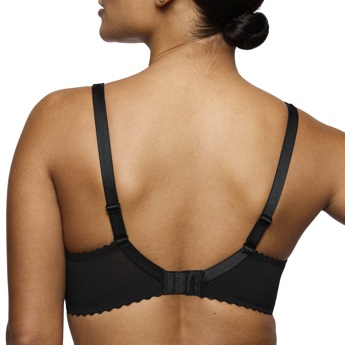 Back view of PrimaDonna Solisse Plunge Bra in black with adjustable straps, smooth supportive band and hook-and-eye closure.