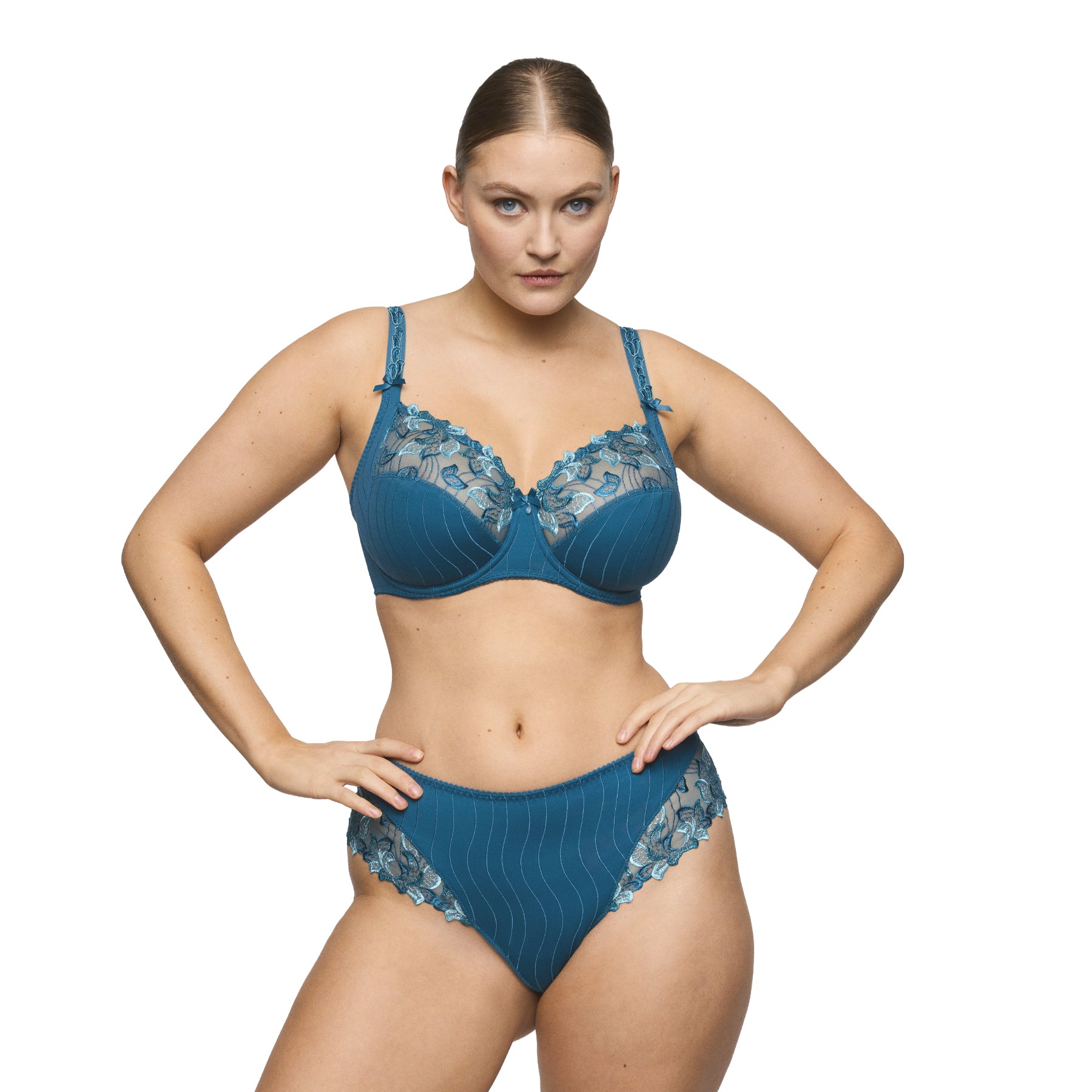 PrimaDonna Deauville full cup bra and matching full brief in Peacock blue on model, front view