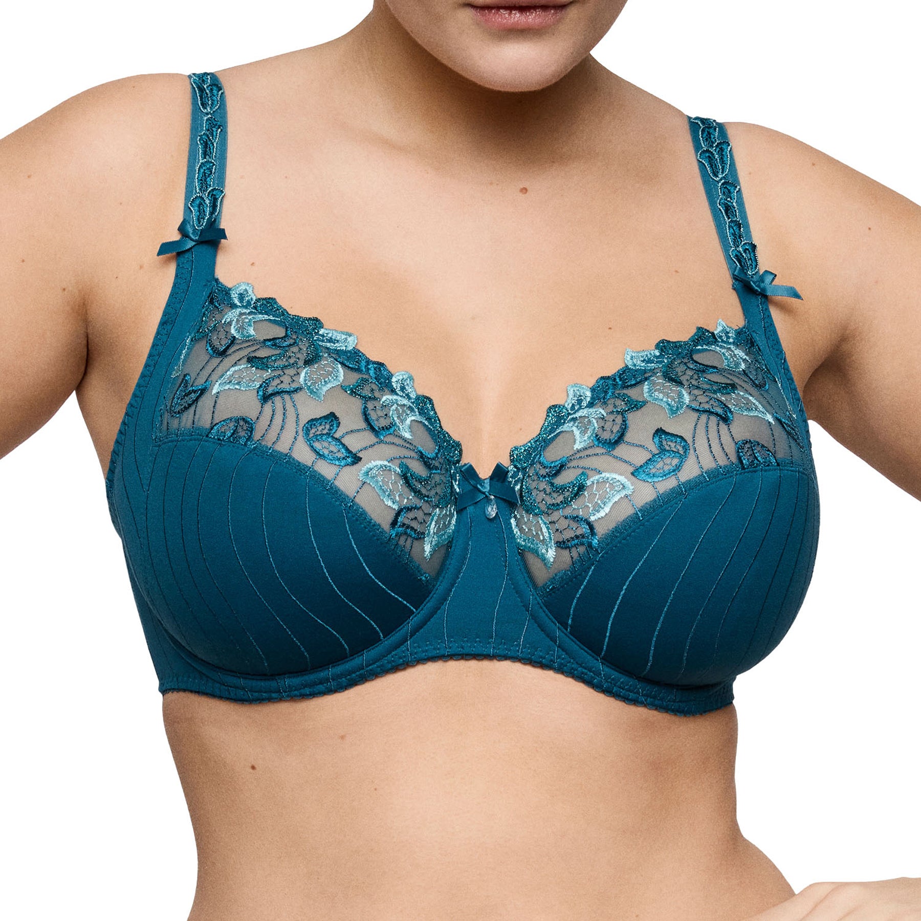 Close-up of PrimaDonna Deauville full cup bra in Peacock blue featuring floral embroidery and supportive three-piece cups