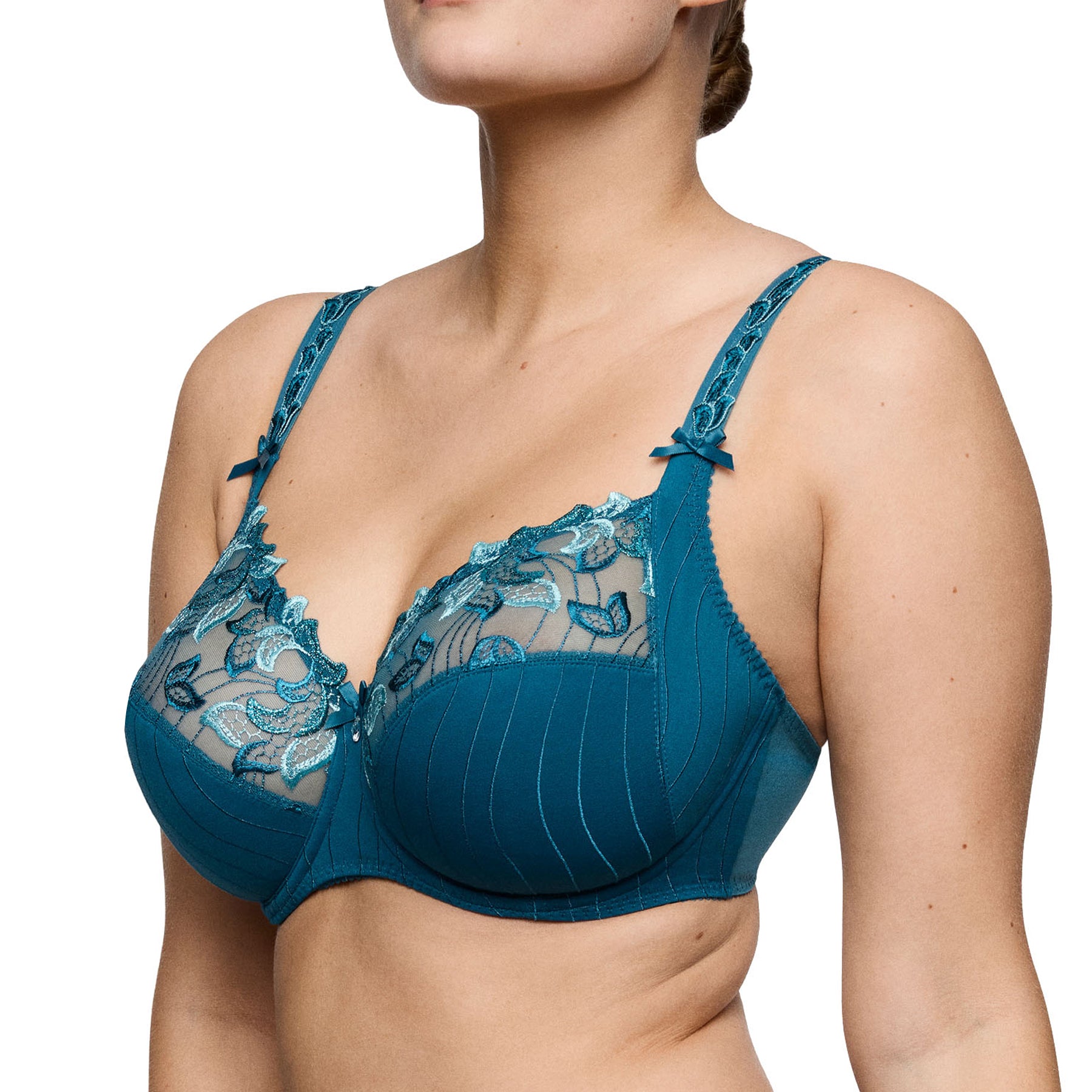 PrimaDonna Deauville full cup underwire bra in Peacock blue, angled view highlighting embroidered cups and side support