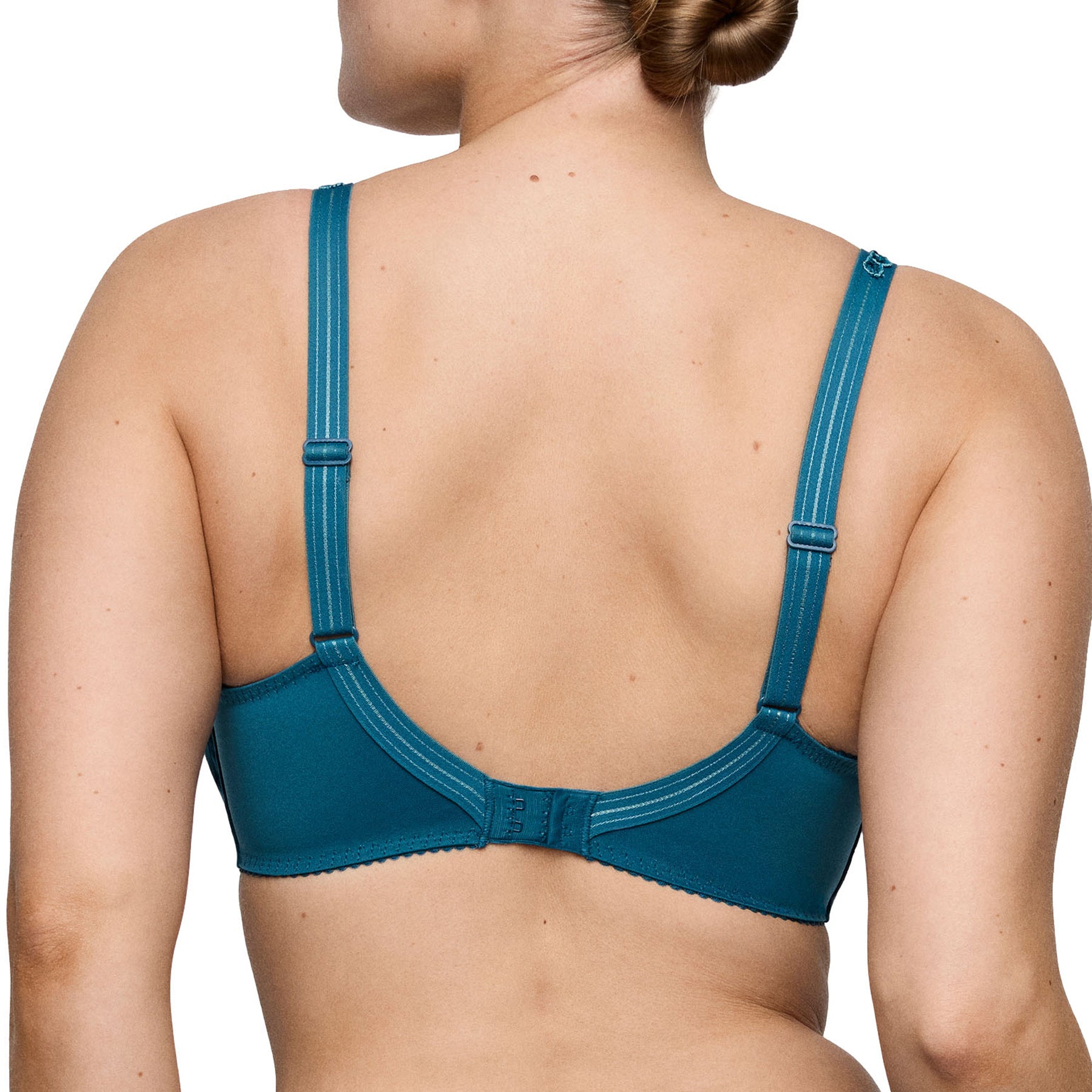 Back view of PrimaDonna Deauville full cup bra in Peacock blue with adjustable straps and hook-and-eye closure