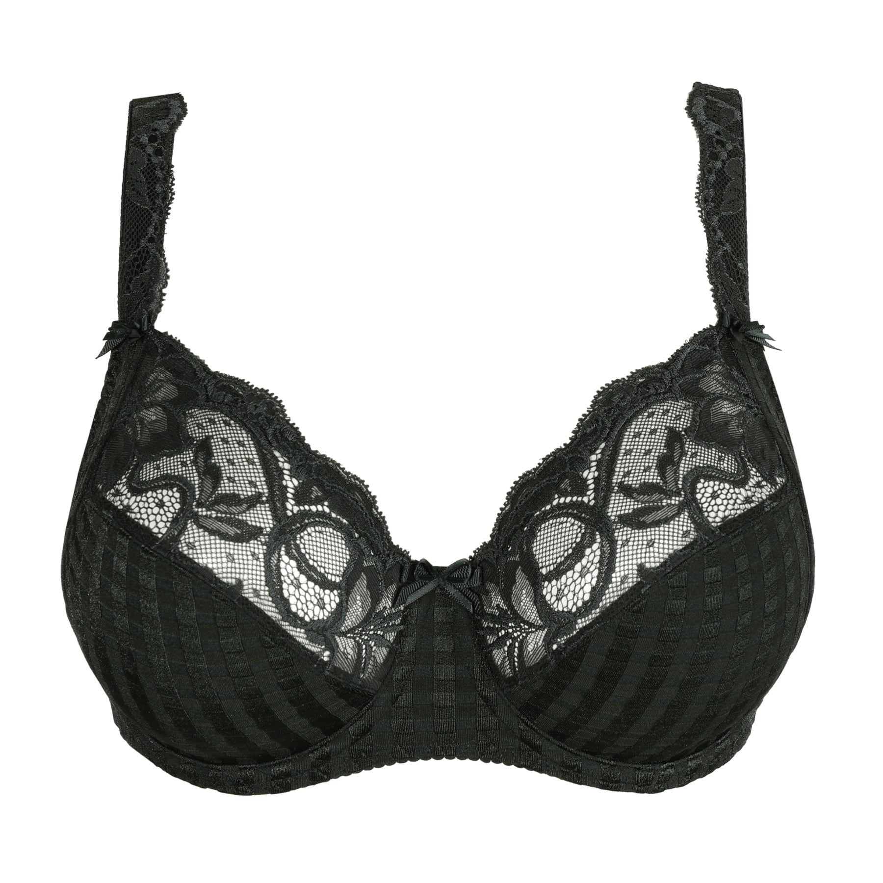 Close-up of PrimaDonna Madison full-cup bra in deep green with floral lace and check pattern.