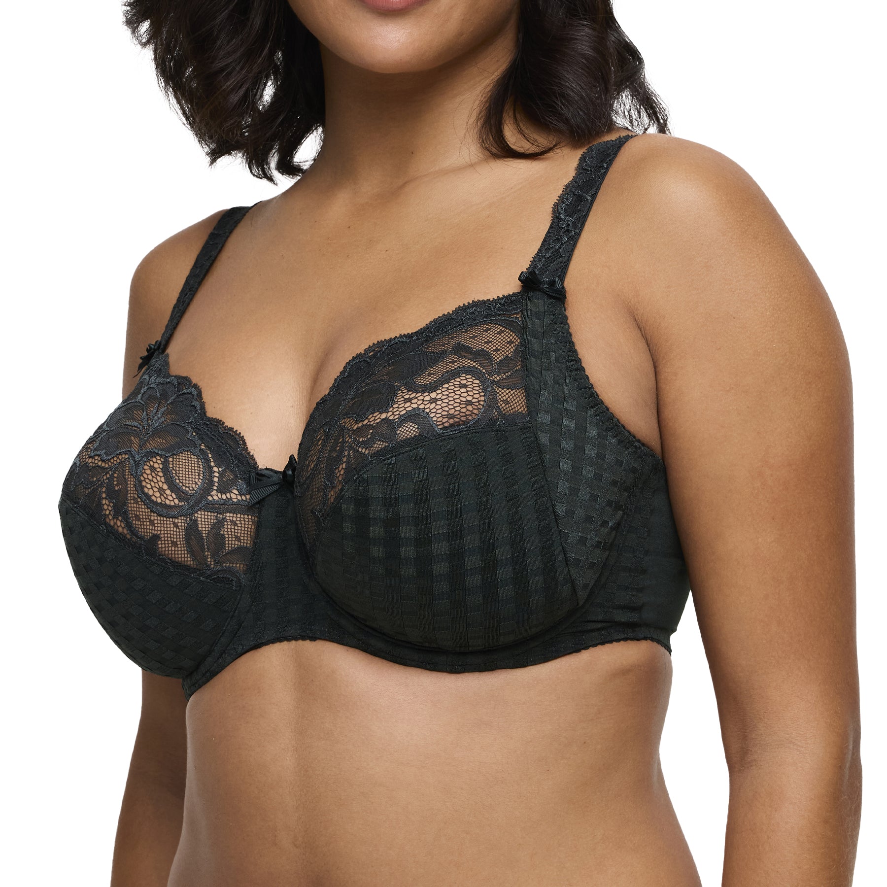 Side view of PrimaDonna Madison bra in deep green with lace and checkered fabric.