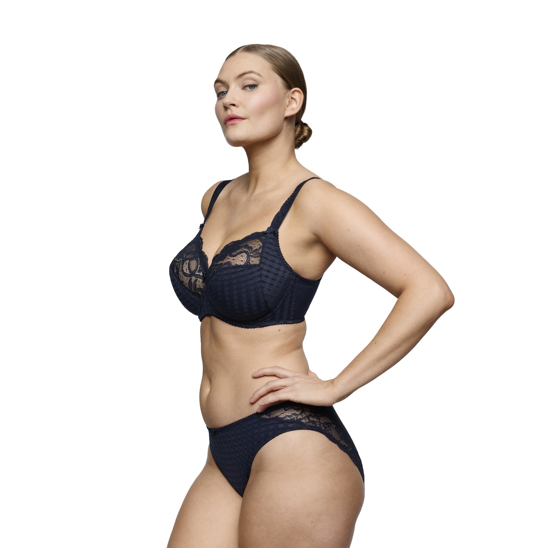 PrimaDonna Madison Rio Brief in Navy from the basics collection, featuring a smooth checked fabric, delicate lace accents, and a flattering everyday fit.