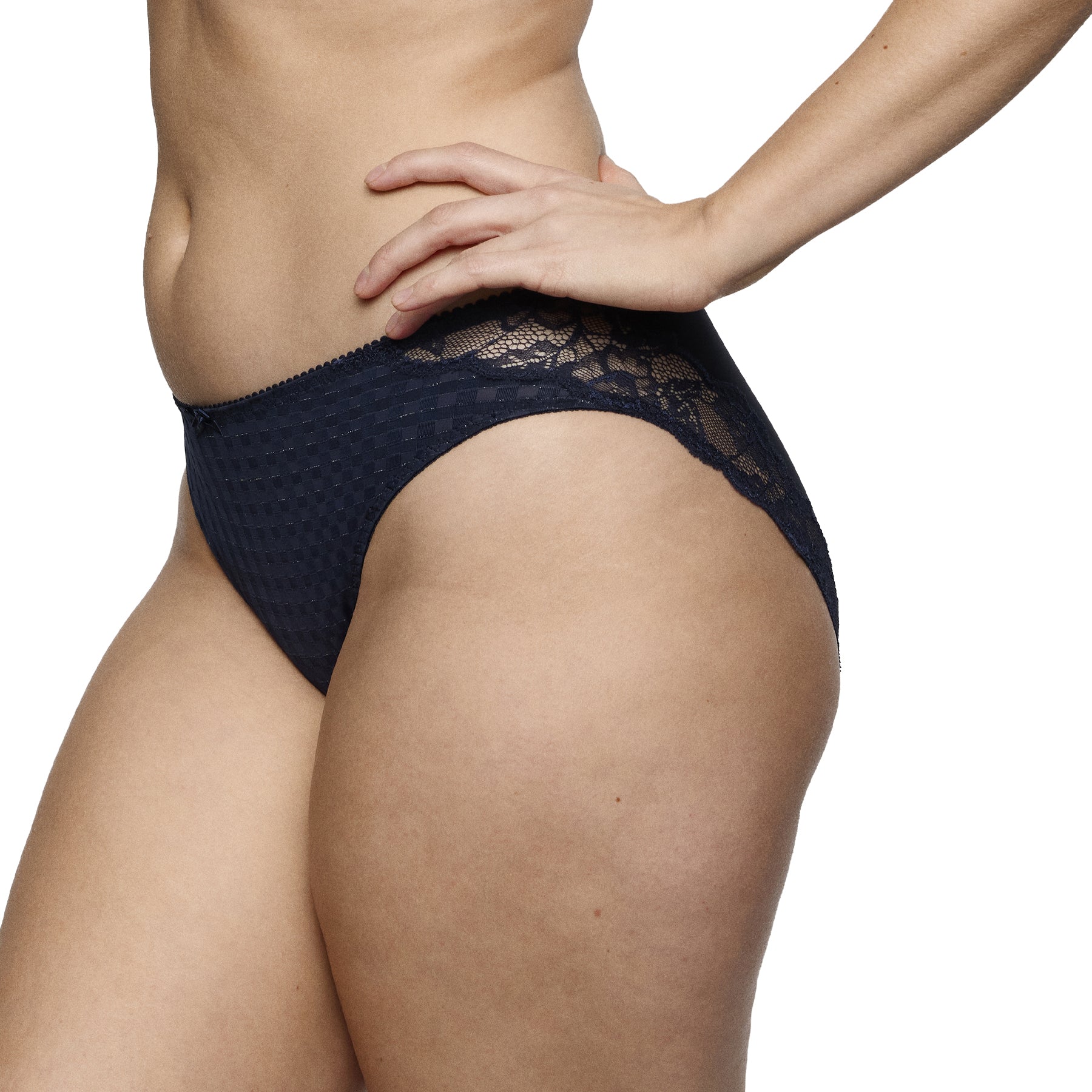 PrimaDonna Madison Rio Brief in Navy, combining a flattering low-rise fit with feminine lace panels and signature checked texture.