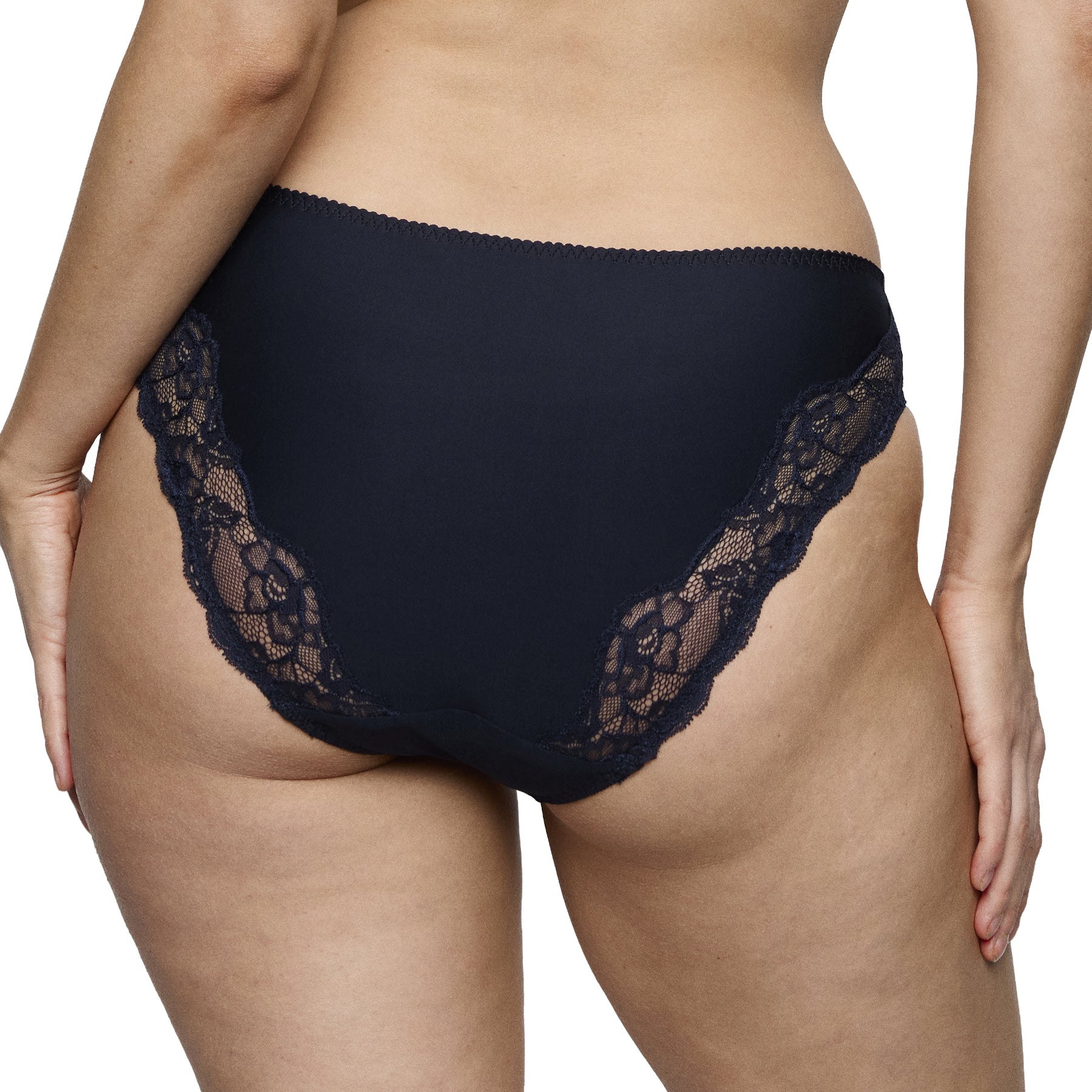 PrimaDonna Madison Rio Brief in Navy from the basics collection, featuring soft full-back coverage, smooth microfiber fabric, and delicate lace trim.