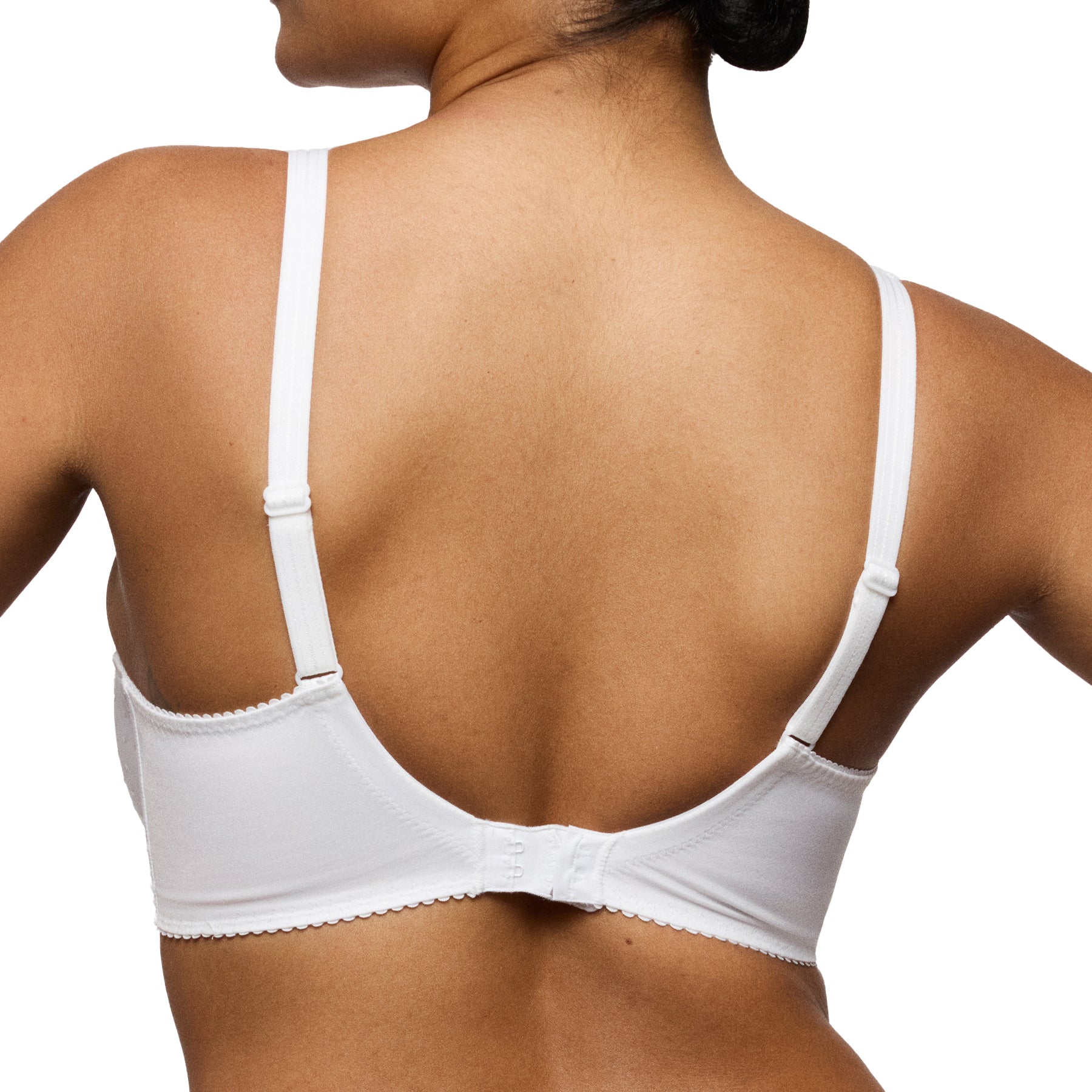 White underwire bra back view with adjustable straps and hook-and-eye closure, smooth supportive band design.