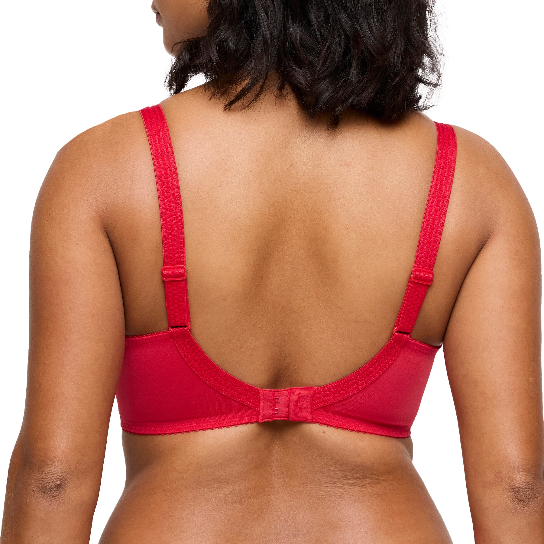 Back view of red full cup bra showing adjustable straps and hook-and-eye closure.