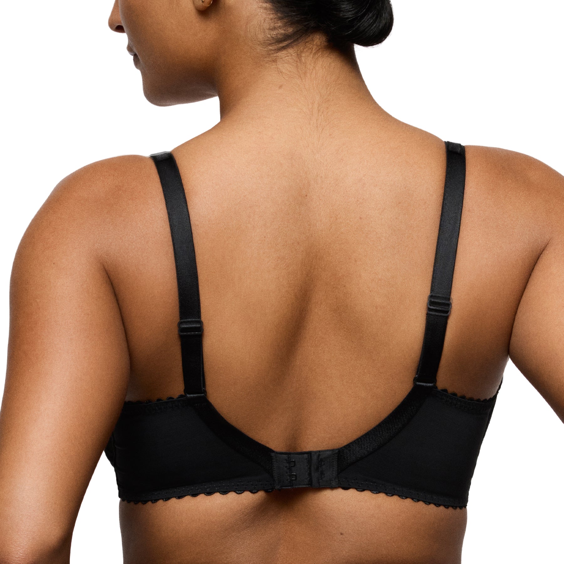 PrimaDonna black full cup bra with smooth supportive back band and adjustable straps, back view