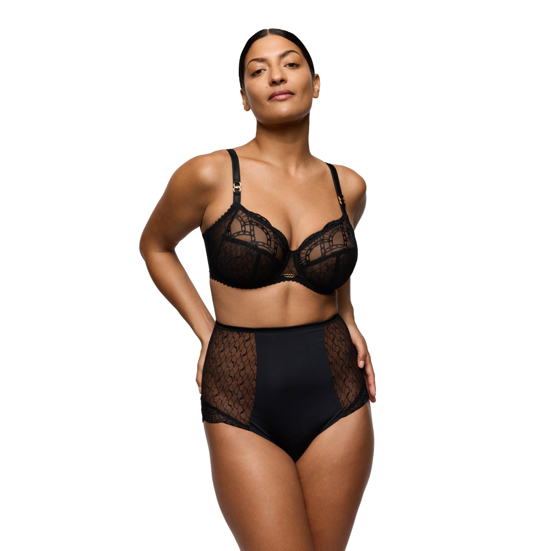 PrimaDonna black full cup bra paired with matching high-waist brief, full body view on model
