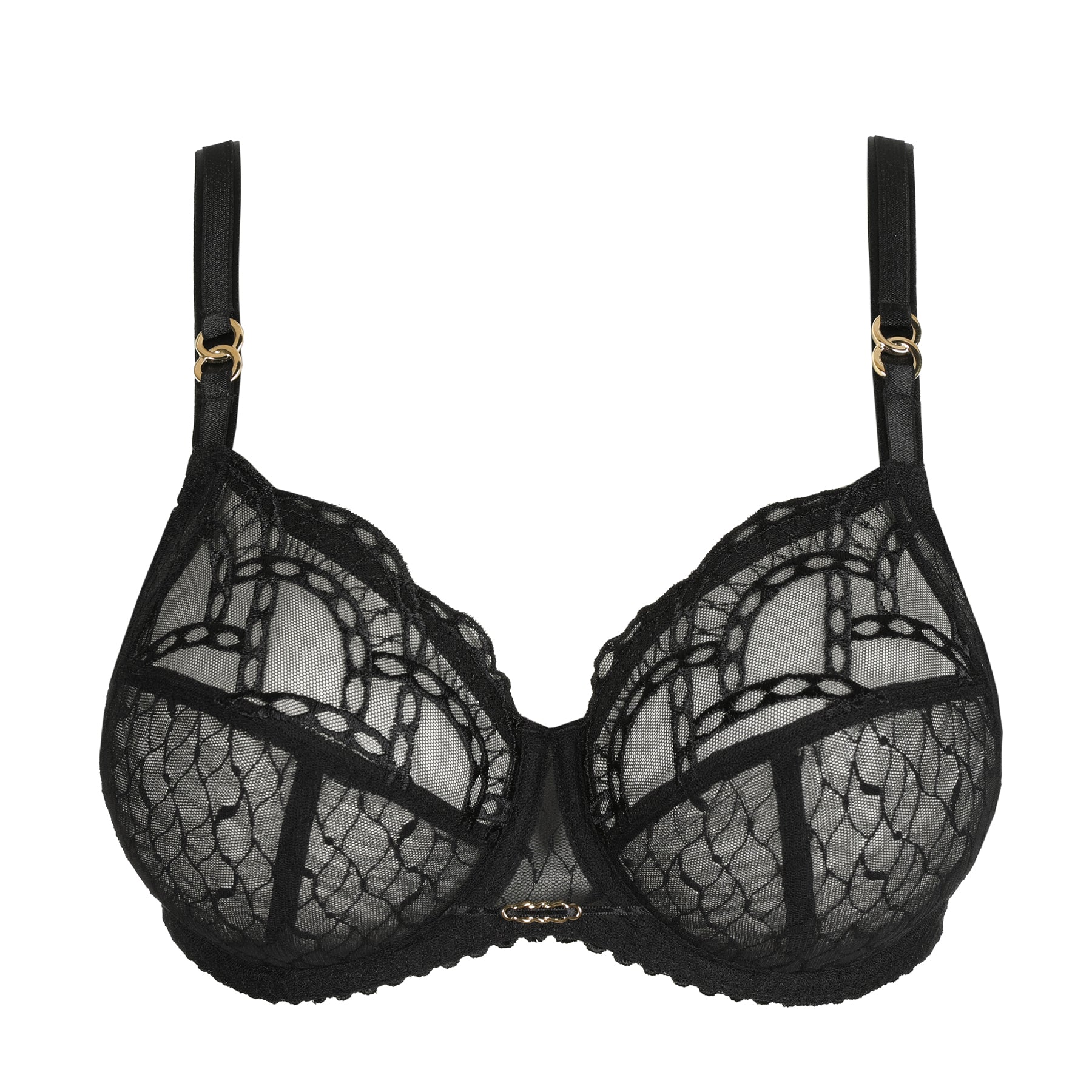 PrimaDonna black full cup bra with sheer lace embroidery and supportive underwire, front view