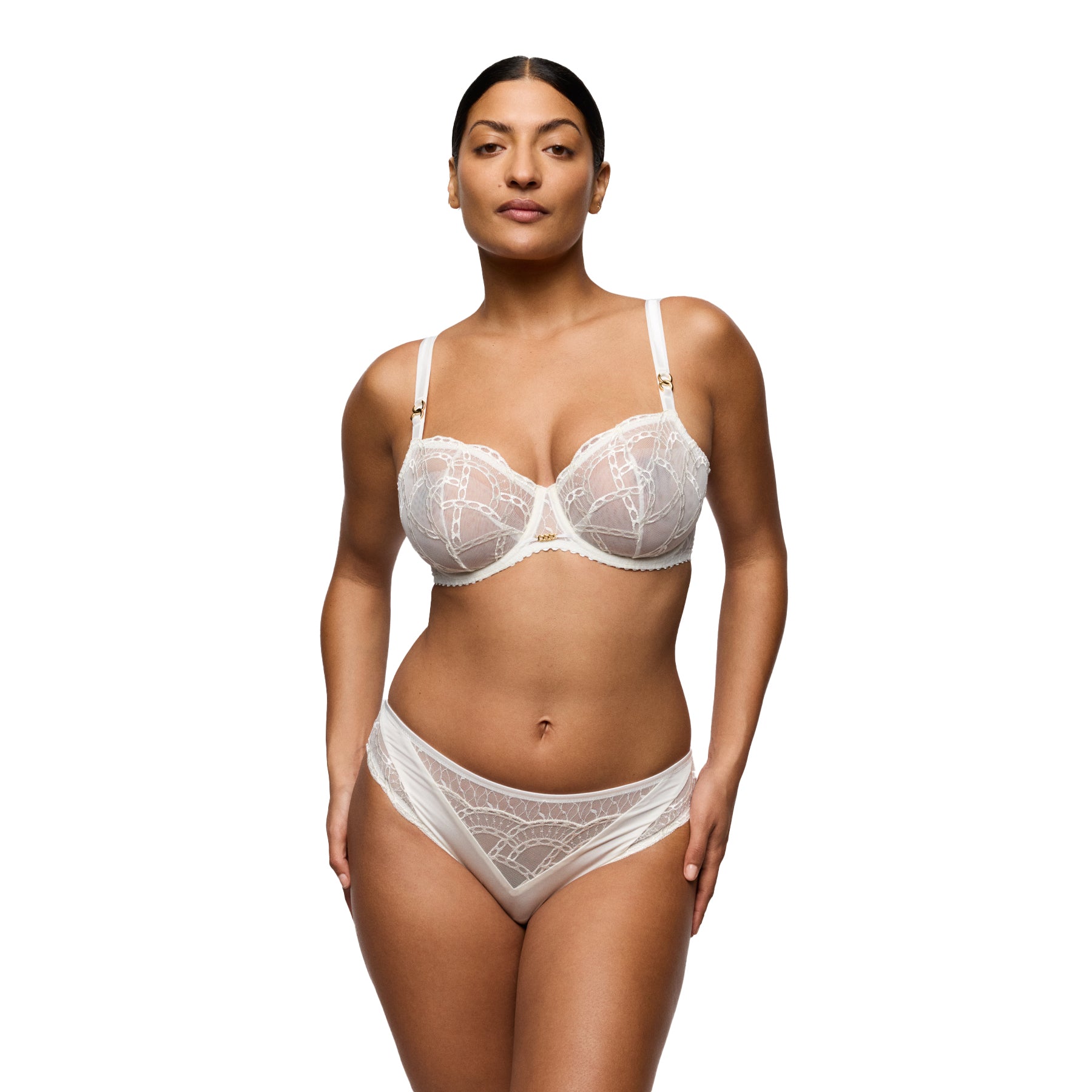 Woman wearing an ivory lace underwire bra and matching briefs, shown on a model against a white background.