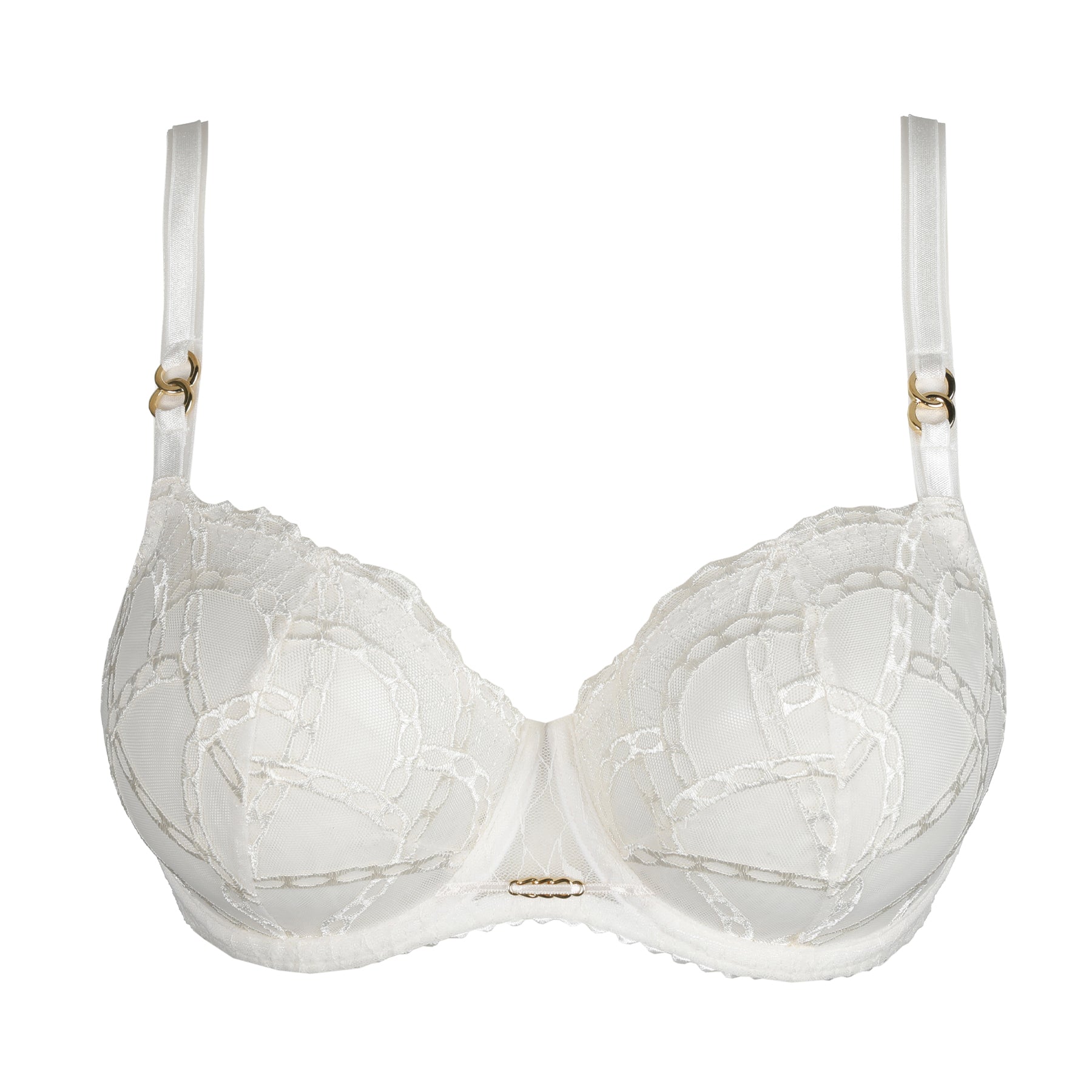 Ivory lace underwire bra with sheer embroidered cups and gold-tone hardware, shown flat on a white background.