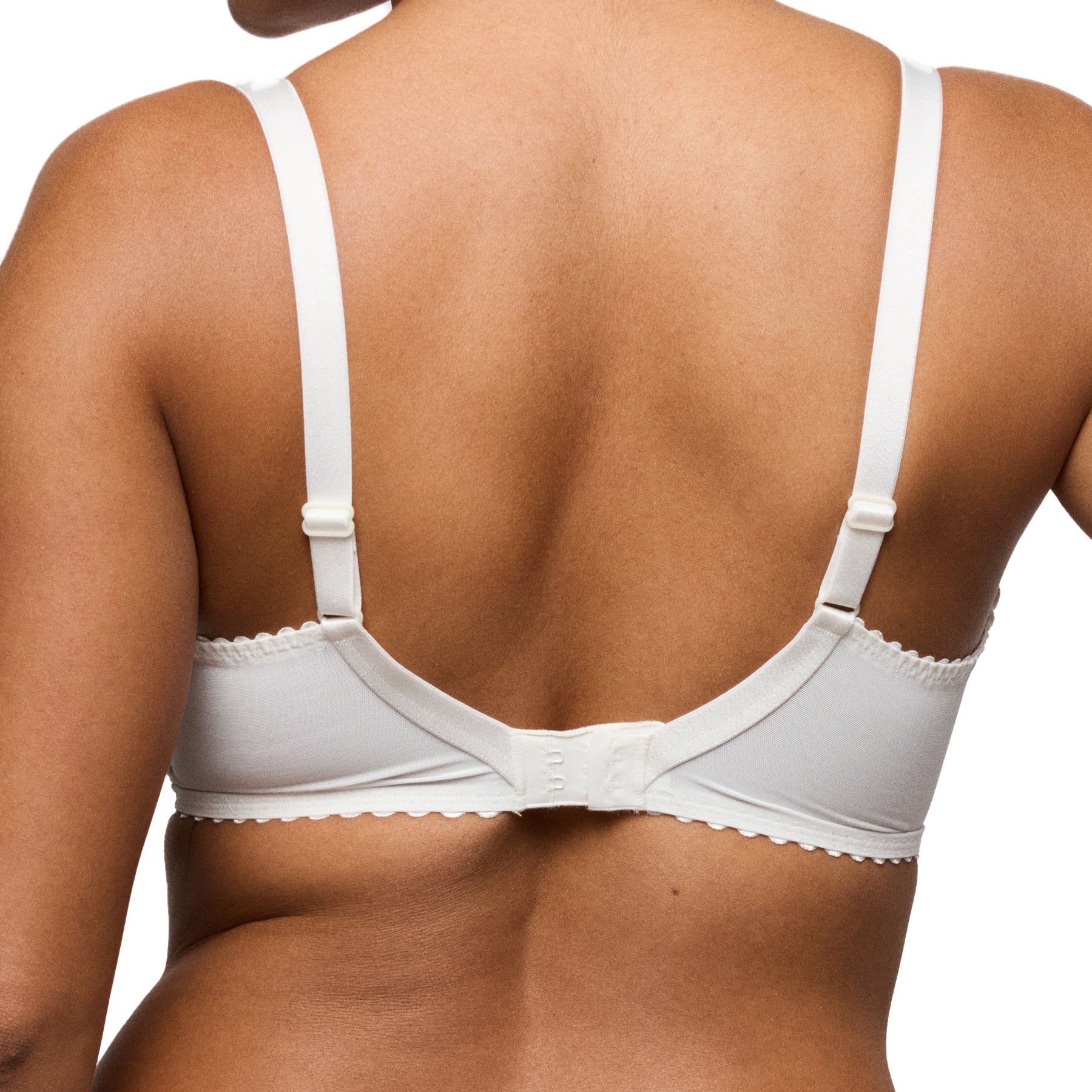 Back view of ivory underwire bra with smooth band, adjustable straps, and hook-and-eye closure.